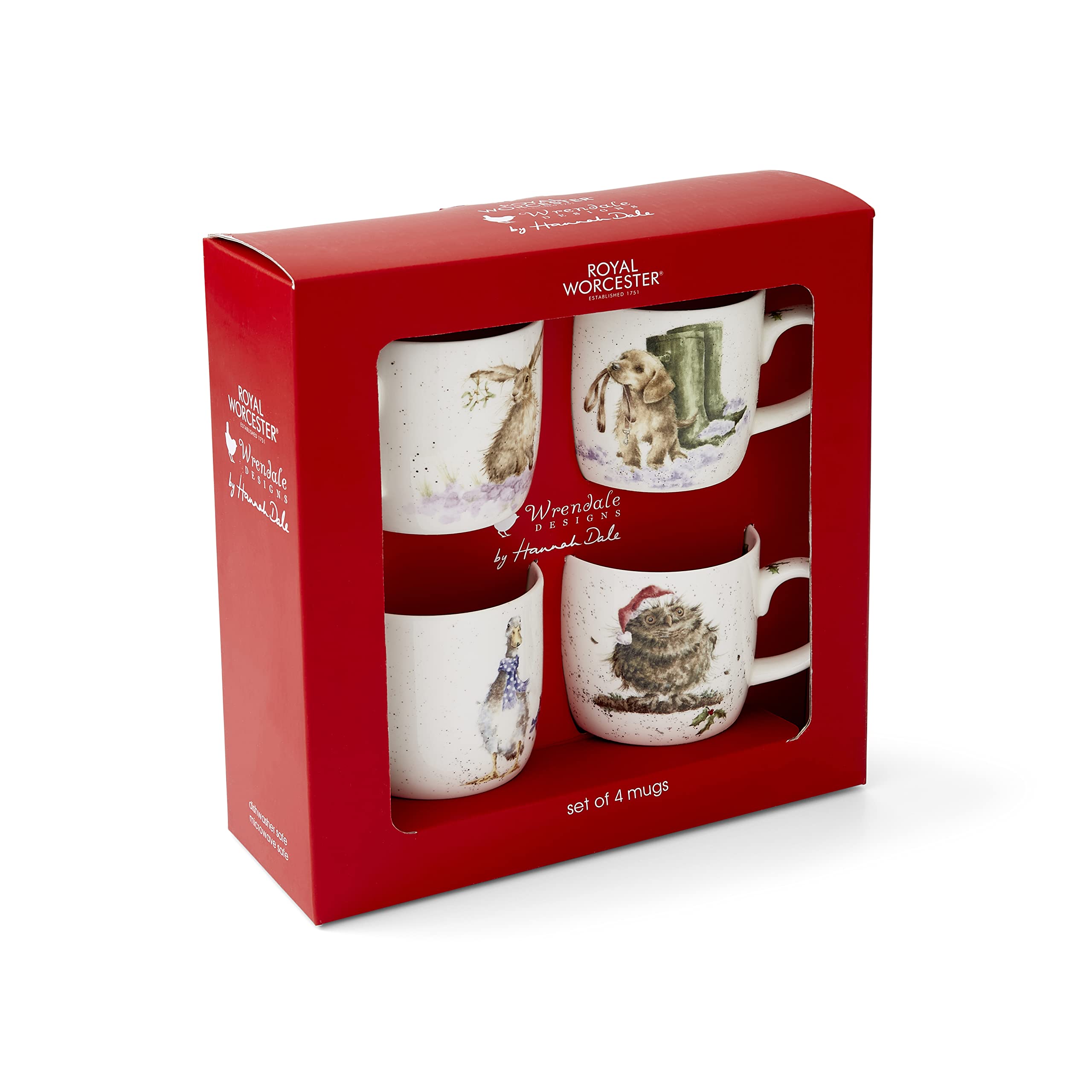 Wrendale Designs MMAC3969-XG, set di 4 tazze natalizie con gufo, oca, cane e lepre, multicolore