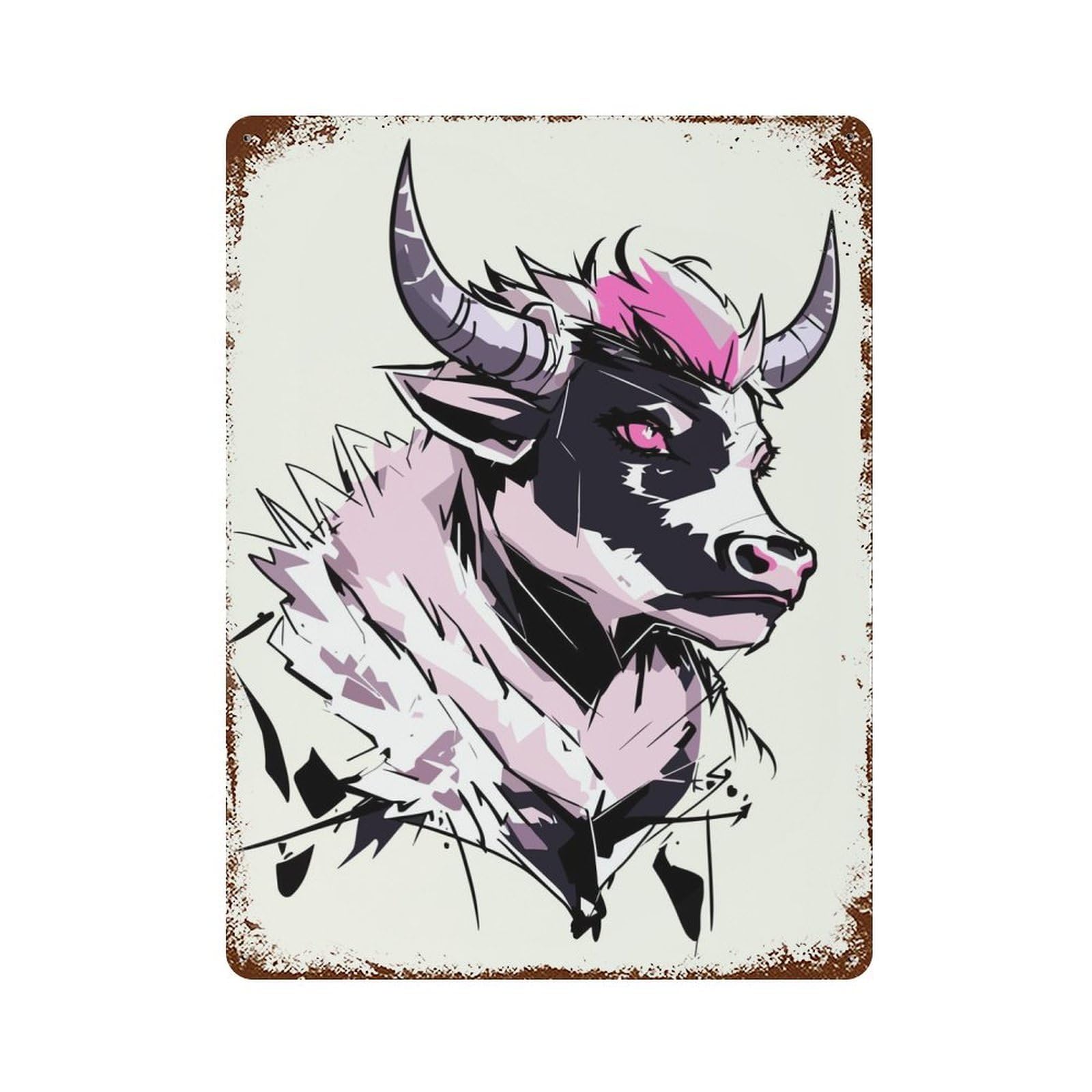 Pink Bull Illustration 15.7"x11.8" Distressed Metal Wall Sign, Shabby Chic Decor for Office, Studio And Wall Decor