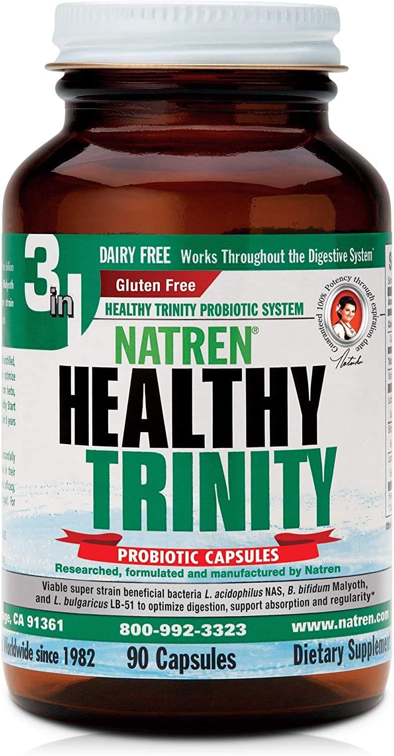 - Natren Healthy Trinity Probiotics Supplement - 90 Dairy and Gluten Free Gel Capsules - Improve Gut and Digestive Health, 30 Billion CFU - Lactobacillus Acidophilus, Bifidobacterium, Bulgaricus