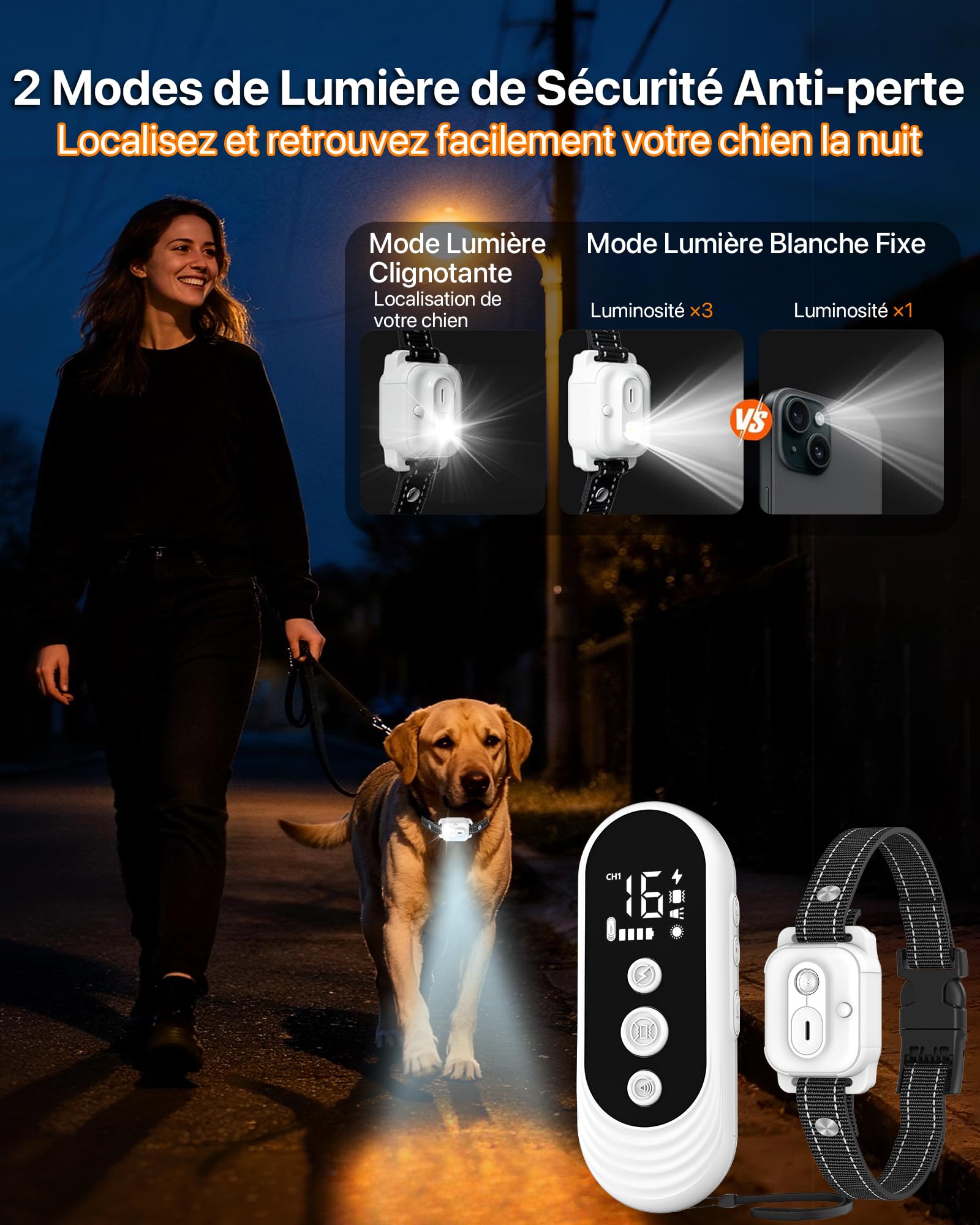 Collier De Dressage pour Chien,Collier Electrique pour Chien Portée de 3km,Mode Lumière Nocturne,1-50 Niveaux d’Entraînement, BIP Vibration Choc, Adapté à Tous Les Chiens,Étanche Rechargeable
