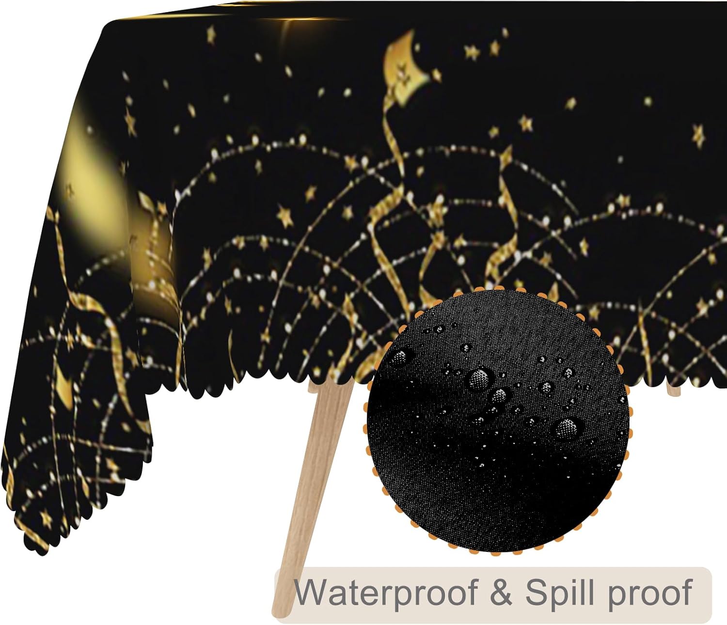 70x108inches Happy New Year Tablecloth Black and Gold Ribbons Shiny Glitter Table Cloth Rectangular Waterproof Fabric Table Cover for Holiday Dinner New Year’s Eve Celebrate Party Decorations