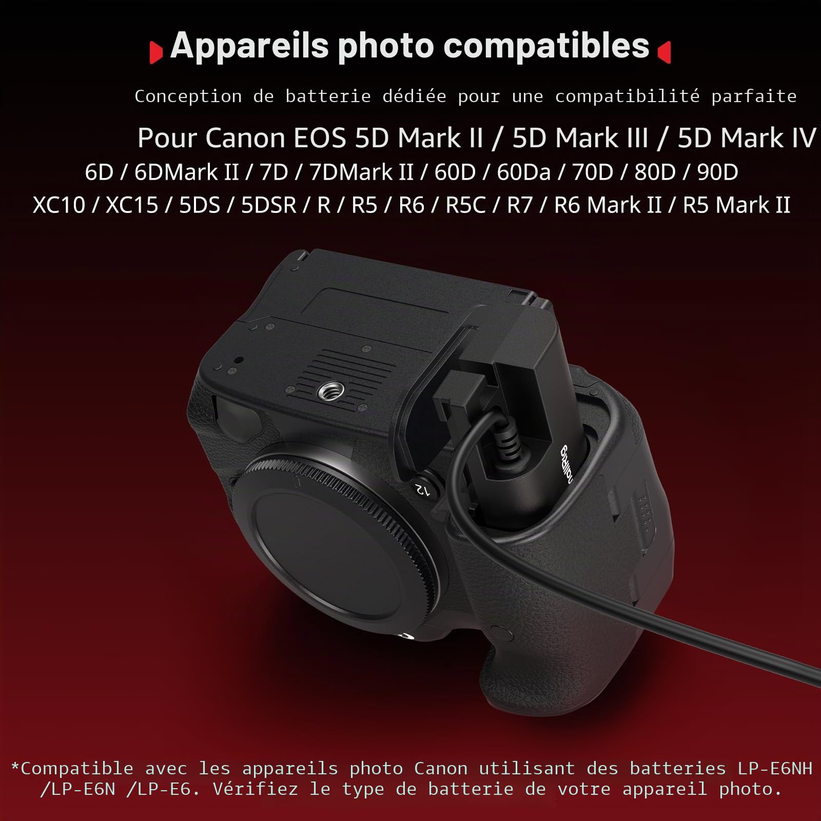 SMALLRIG Batterie Factice pour Canon LP-E6P, Batterie d'Appareil Photo D-Tap pour Canon EOS R5 Mark II, R6 Mark II R5, R5C, R6, R7, 5D Mark II, 5D Mark IV, 60D, 70D, 80D, 90D, XC10, XC15, 5DS, 5DSR