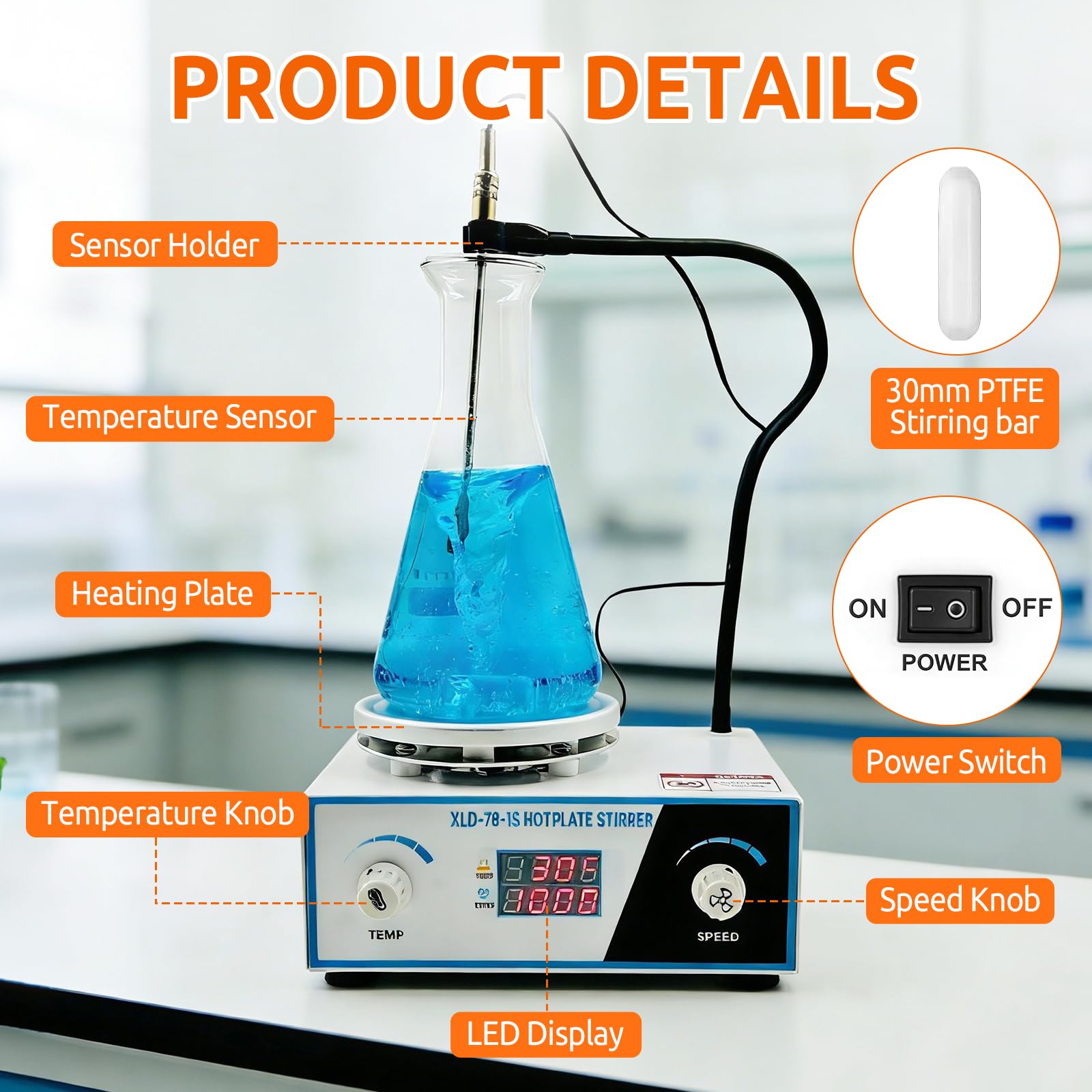Agitatore Magnetico con Piastra Riscaldante, Display Digitale 700-2600 RPM | Capacità 2L, Mixer da Laboratorio 100℃ 180W, Agitatori da Laboratorio Asta Supporto Sensore Pieghevole, Controllo a Manopole