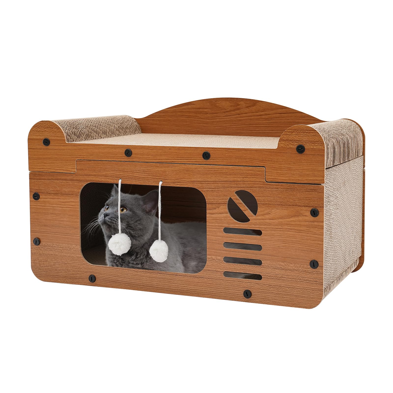 Casetta per gatti a forma di TV con palla da gioco e tiragraffi per gatti, 56 x 30 x 32 cm | Può essere posizionato a casa o in un negozio di animali in modo che i gatti possano giocare e riposarsi