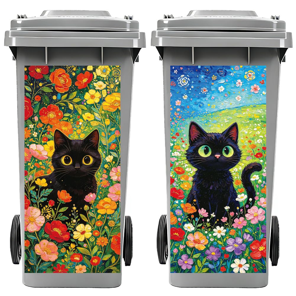 Stickers extérieure grand format pour masquer la poubelle avec décor chat noir