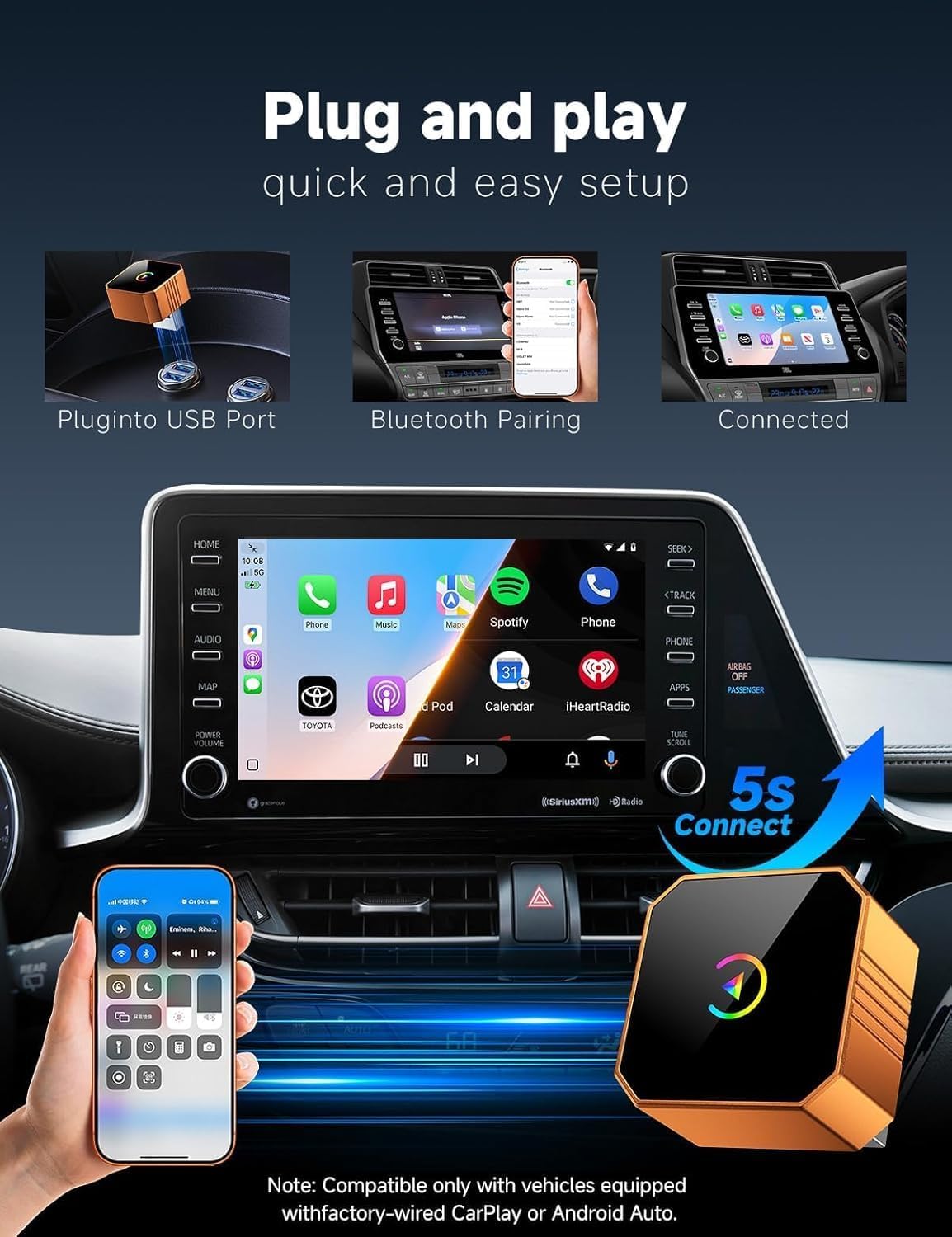 2026 Wireless CarPlay Adapter for iPhone ＆ Android Auto Mini Wired to Wireless Apple Car Play Adapter Plug & Play Compatible for iPhone iOS 10+ Android 11+ with After 2016 Cars