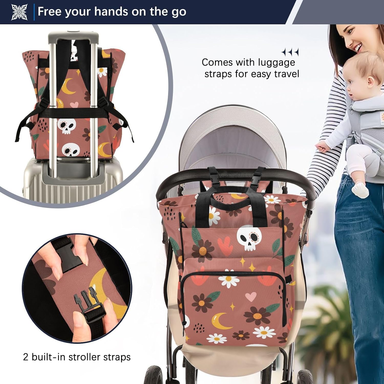 Flowers Skulls Moon Brown Pattern Diaper Bag Backpack for Baby Boys Girls Multifunction Baby Essentials Travel Tote with Stroller Straps & Bottle Storage Large Travel Diaper Backpack for Baby