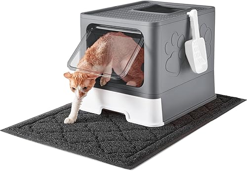 Caja de arena para gatos con alfombrilla de arena extragrande y cuchara, caja de arena plegable grande con tapa, entrada frontal superior, salida de