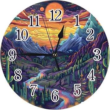 Trippy Psychedelic Desert Mountain Cactus 10 Inch Silent Non-Ticking Wall Clock Battery Operated Round PVC Frameless Clock with Stand for Home Office Kitchen Bedroom Bathroom,A-008