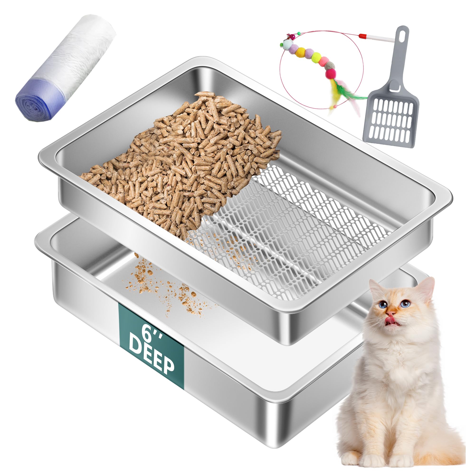 Stainless Steel Sifting Cat Litter Box for Pine Pellets, Large Metal Cat Litter Box Sifter Pan with Litter Scoop, Low Dust, Odor Control, Easy Cleaning, 19.7L*13.8W*6H