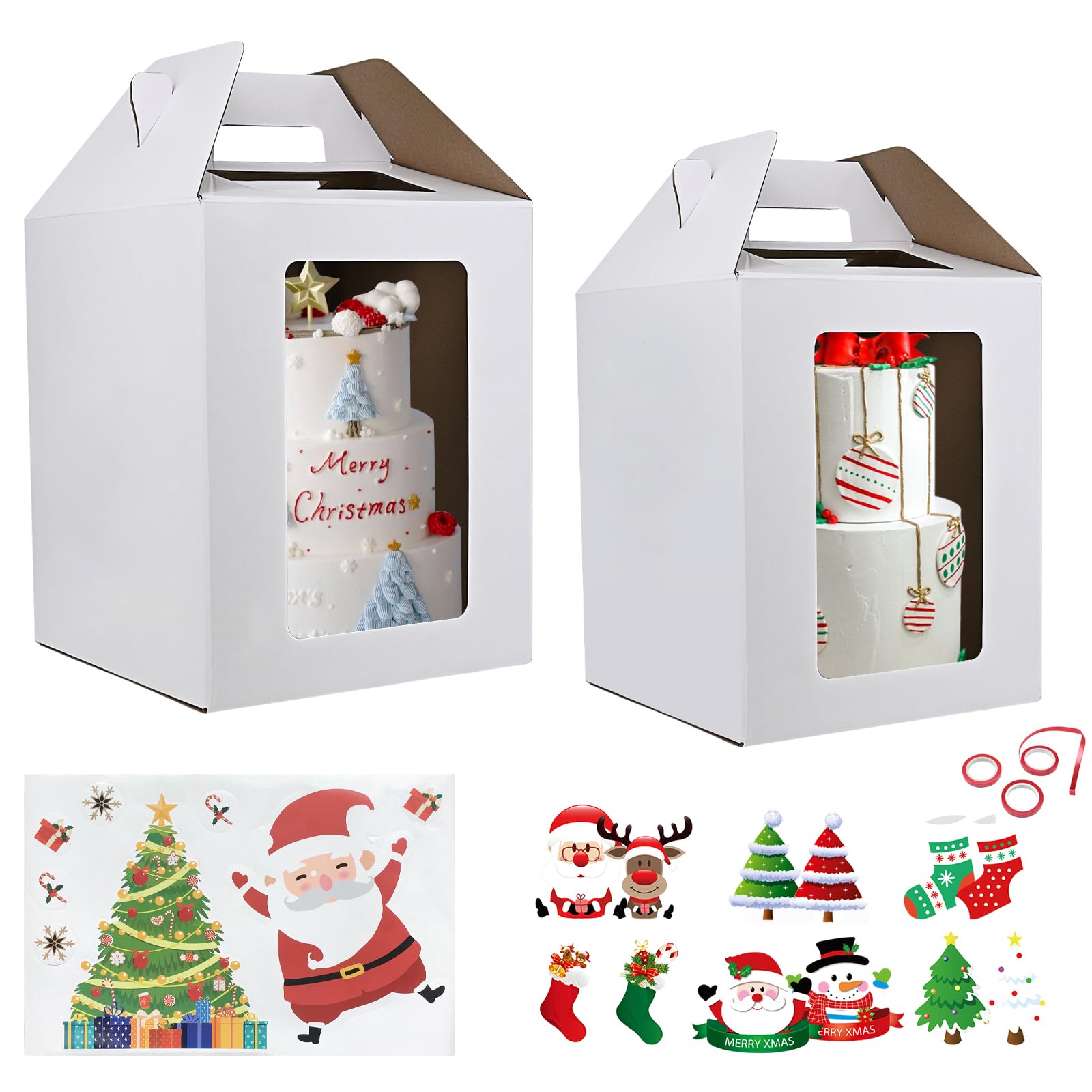 KBGChristmas Tall Cake Boxes 6pcs 14x14x16&16x16x18 Inches With Window&Handle for Christmas New Year Holiday Party Transport,Christmas Large Tiered Cake Boxes Containers