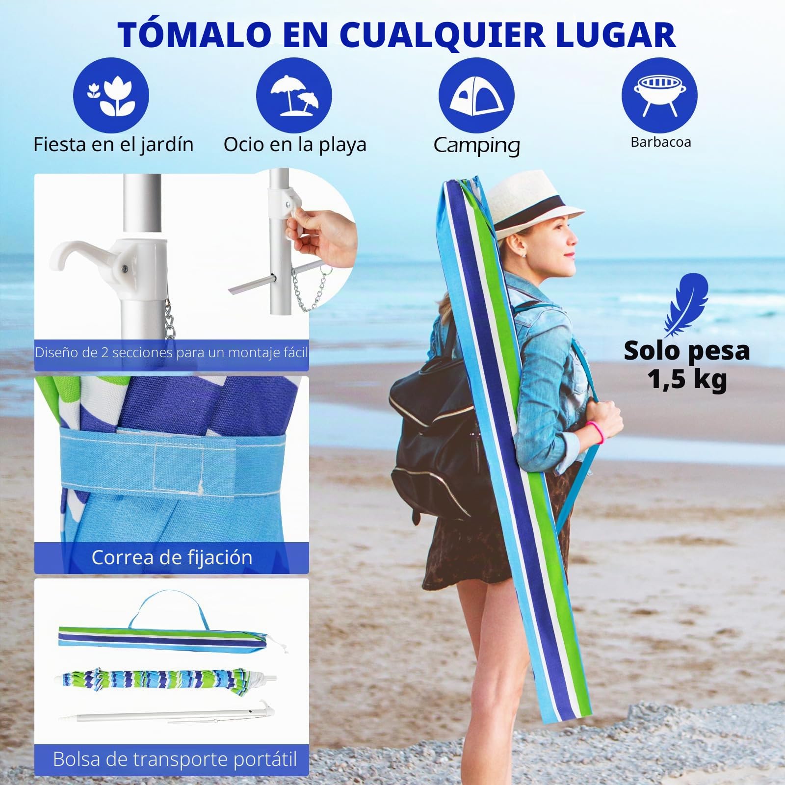 KOMFOTTEU Sombrilla Inclinable Ø 200 cm de Playa, Parasol de Jardín con Protección UV, Paraguas Plegable con Anclaje y Bolsa de Transporte, Sombrilla para Patio, Balcón, Piscina