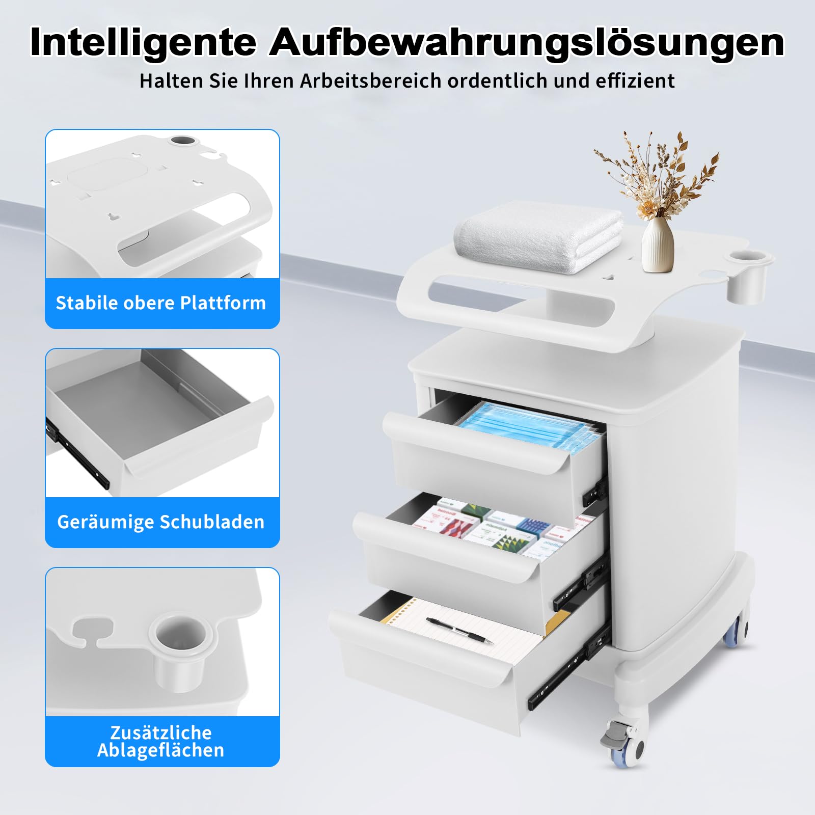 Friseurwagen, Kosmetikwagen Auf Rollen & 3 Schubladen, 51x47x77cm, Schminktisch Organizer für Schönheitsinstrument Und Medizinische Zwecke