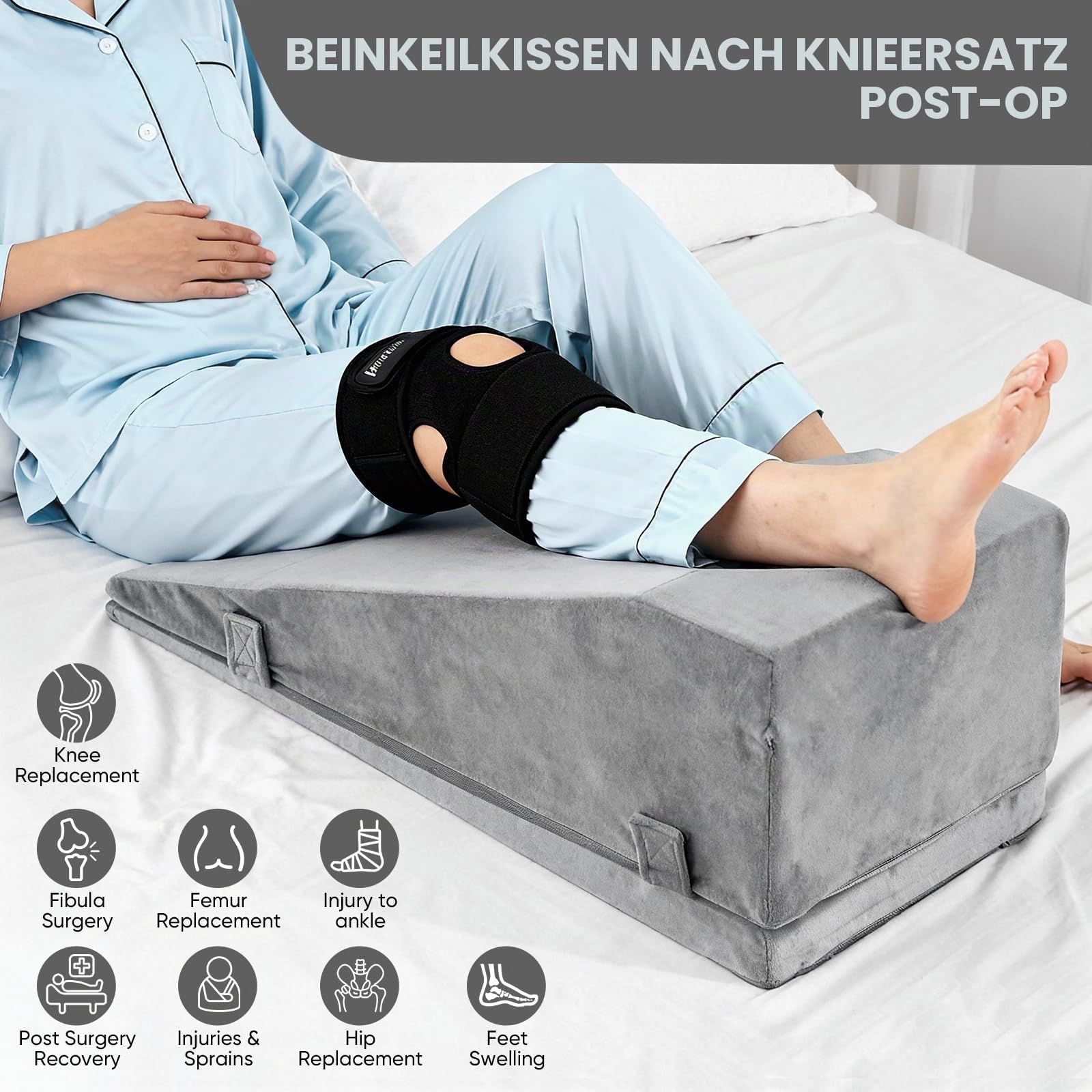 Venenkissen Höhenverstellbar – Orthopädisches Keilkissen zur Knie-Entlastung & Schmerzlinderung nach OP, Förderung der Durchblutung, aus Premium-Schaumstoff Einzelbein (Grau)