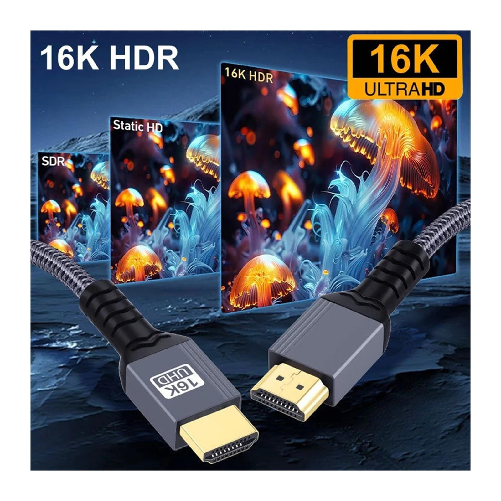 Câble HDMI 2.2 16K À 144 Hz (8K À 60 Hz, 96 Gbit/s, EARC, HDR, Tressé, 0,5 M-2 M) – Compatible Avec HDTV/ordinateur Portable/PS5, For Jeux/visualisation.(2m)