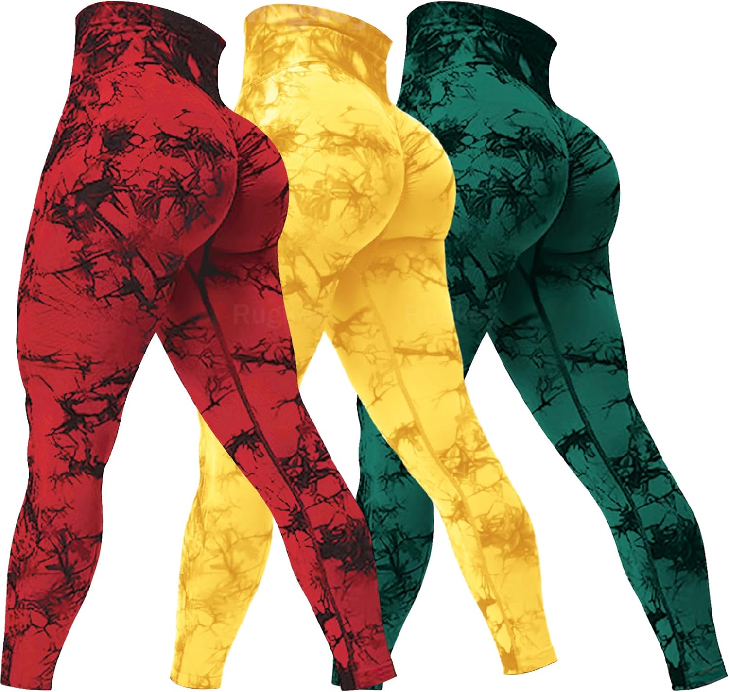 Rugkey Women's 3 Piece Yoga Leggings High Waist Tie Dye Seamless Scrunch Butt Lifting Athletic Booty Pants