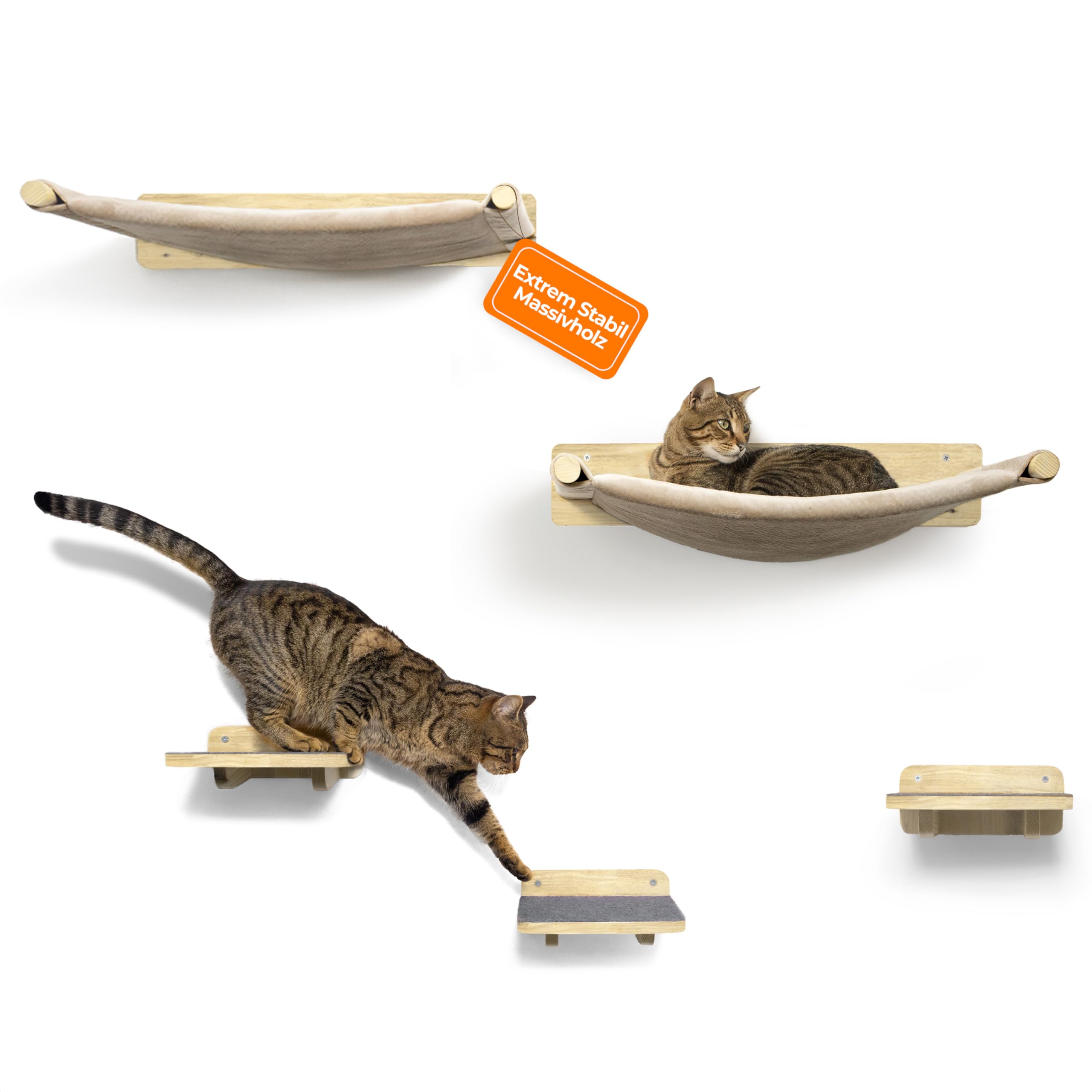 WOOWOOD® 2X Kletterwand Katzen - 3X Katzentreppe Wand- Kratzbaum Wand - Hängematte Katze - Wandkratzbaum - Katzenmöbel - Katzenwand - Katzen Kletterwand Set - Naturhell
