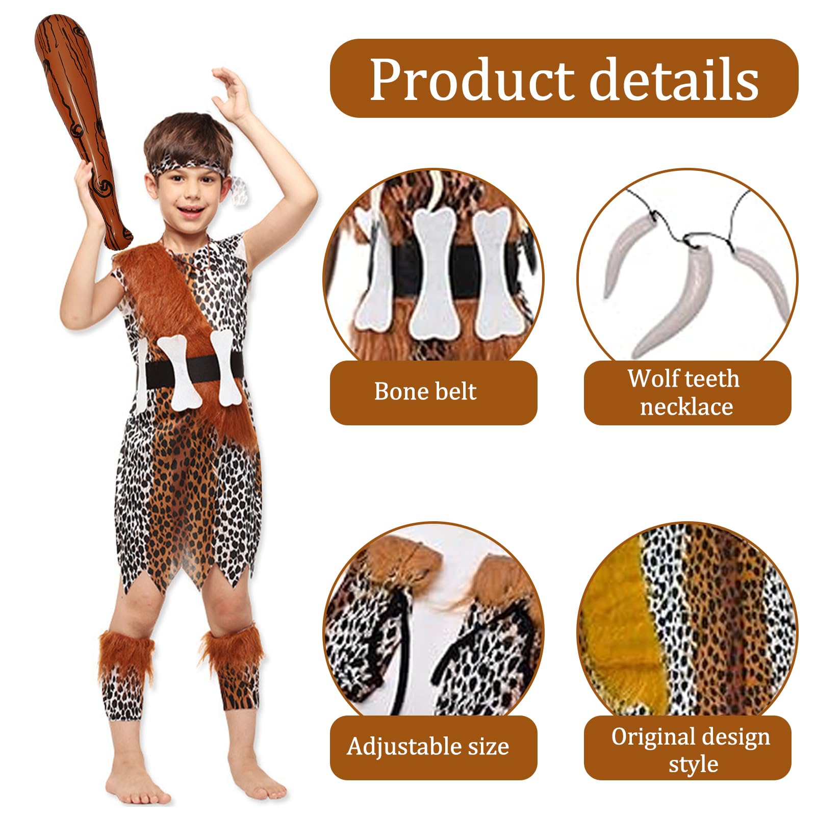EDLMKM Kids Caveman Costume, Stone Age Costume Boys, Cavemen Costumes Kids, Halloween Cosplay Fancy Dress - Image 3