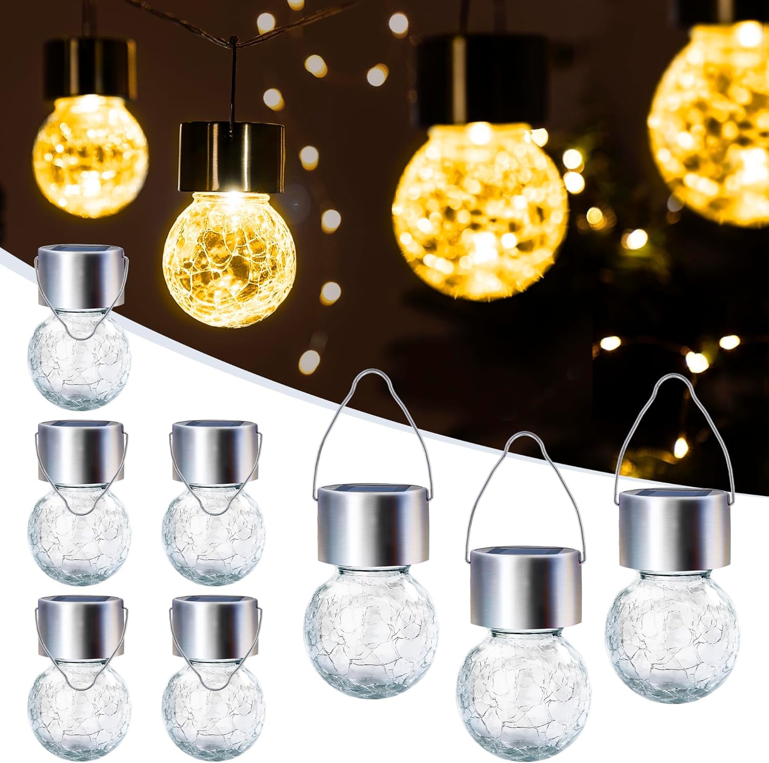 GIGALUMI Solar-Hängeleuchten für außen, 8 Stück Solar-Außenleuchten, rissiges Glas, Wasserdicht Solarleuchten für außen, Garten, Weihnachtsdeko, Hof, Zaun, Baum (warmweiß)