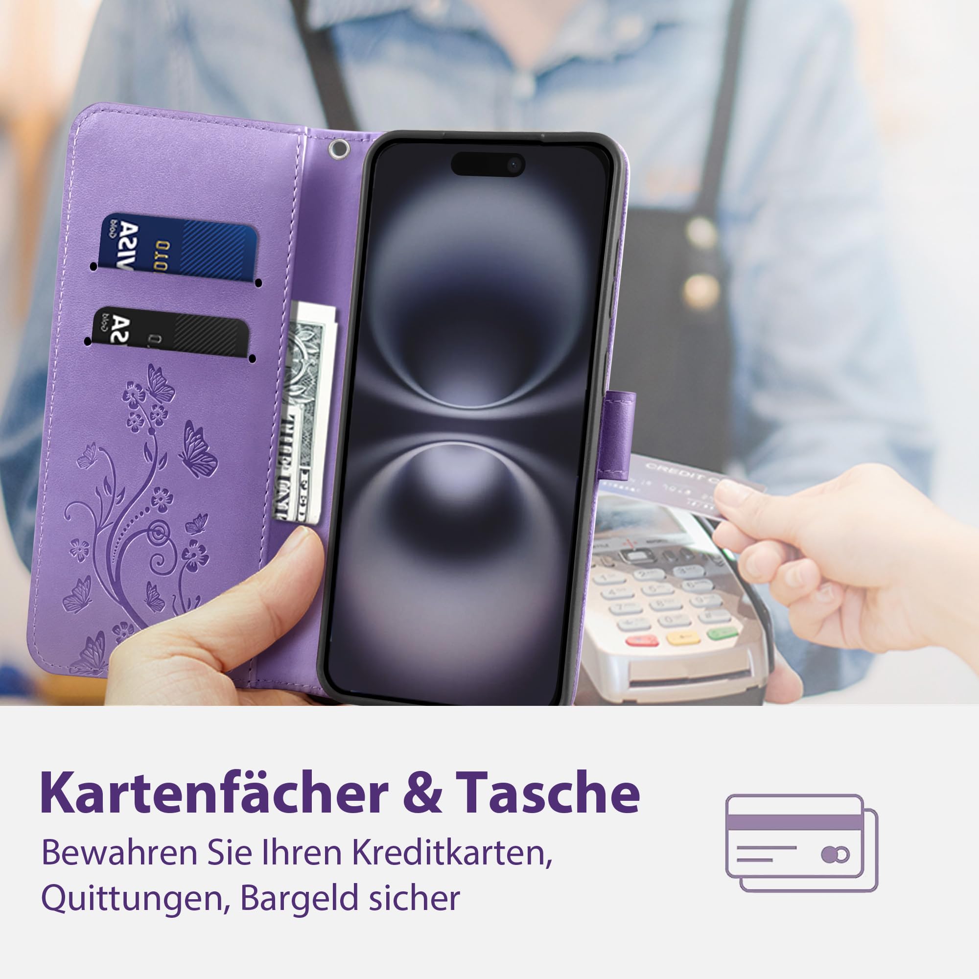 Etui na telefon komórkowy iPhone 16 z przegródką na karty, miejscem na pieniądze, stojakiem, magnetycznym zamknięciem, skórzane etui ochronne, fioletowe