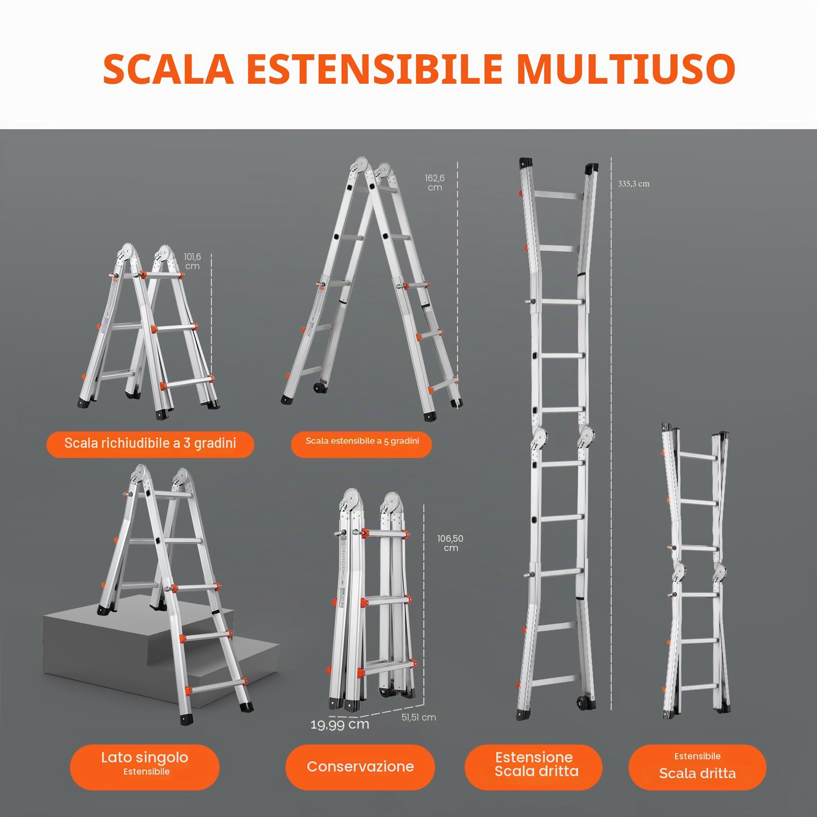 VEVOR Scala Telescopica con Telaio ad A 3350 mm Scala Estensibile Compatta in Alluminio, Scala Pieghevole Portatile Multifunzione per Camper, Scala Telescopica per Compiti, Capacità di Carico 149,7 kg
