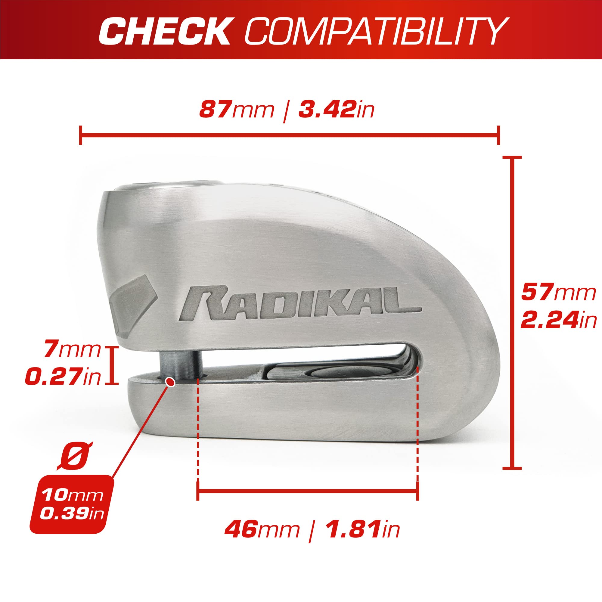 RADIKAL RK910S Candado Moto Disco Alarma X2-ON, Homologado Sra, Cerradura Alta Seguridad Antitaladro y Antiganzúa, Doble Cierre 10mm, Pila Larga Duración, Acero Inoxidable, Pinza Antirrobo Scooter