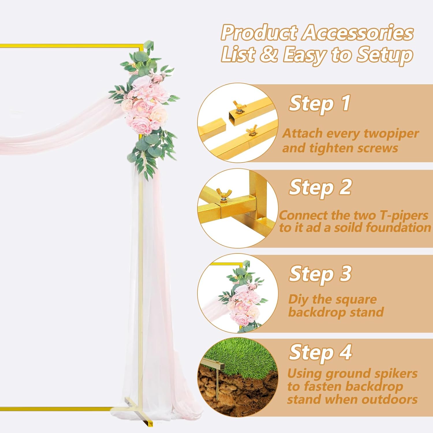 Wedding Arch, 6.6 FT x 3.3 FT Square Backdrop Stand for Ceremony, Gold Metal Arch Backdrop Stand for Parties, Balloon Arch Stand Backdrop for Anniversary, Birthday, Bridal, Baby Shower, Decoration