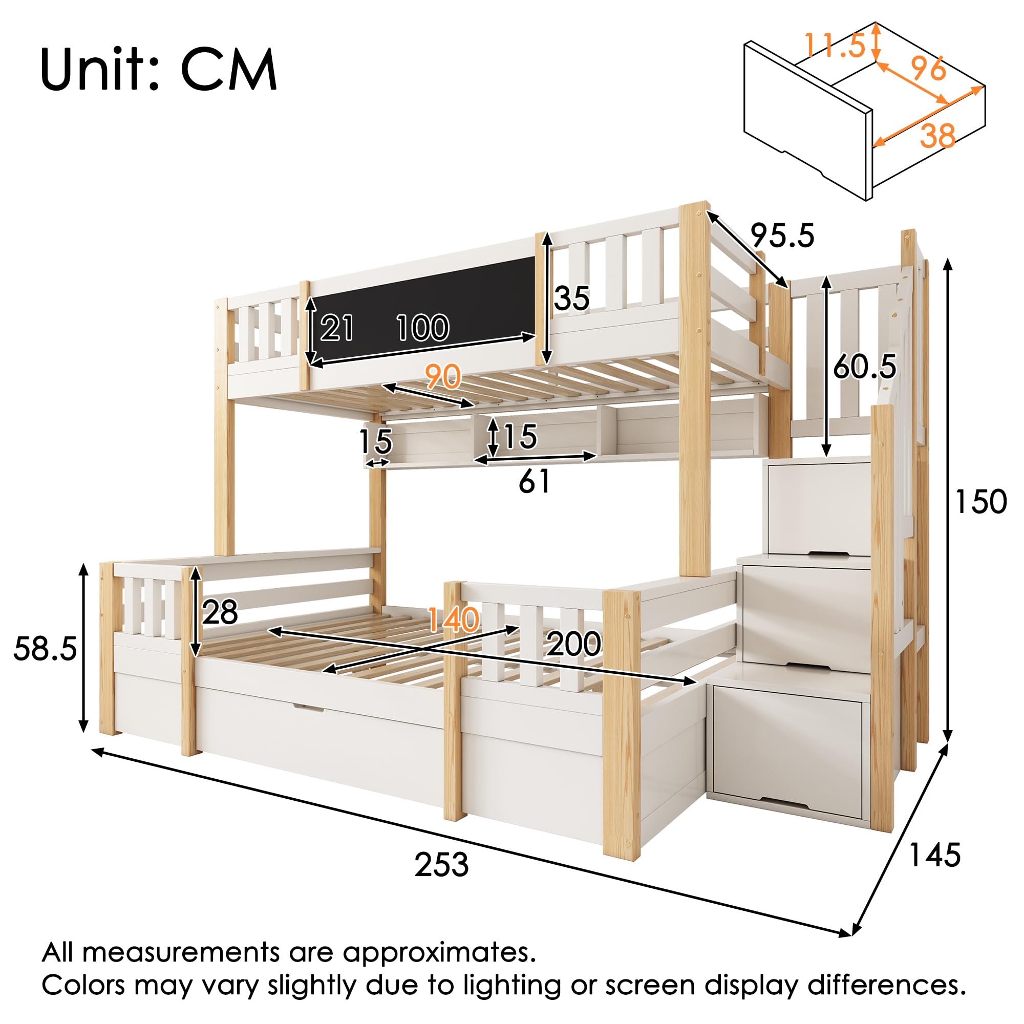 Hochbett Etagenbett 2 Kinder 90x200cm+140x200cm, Kinderbett mit Rausfallschutz, Tafel und Stauraumtreppe, unteres Bett mit Schublade und dreigeteilter offener Stauraum (B-Weiß+Natur)