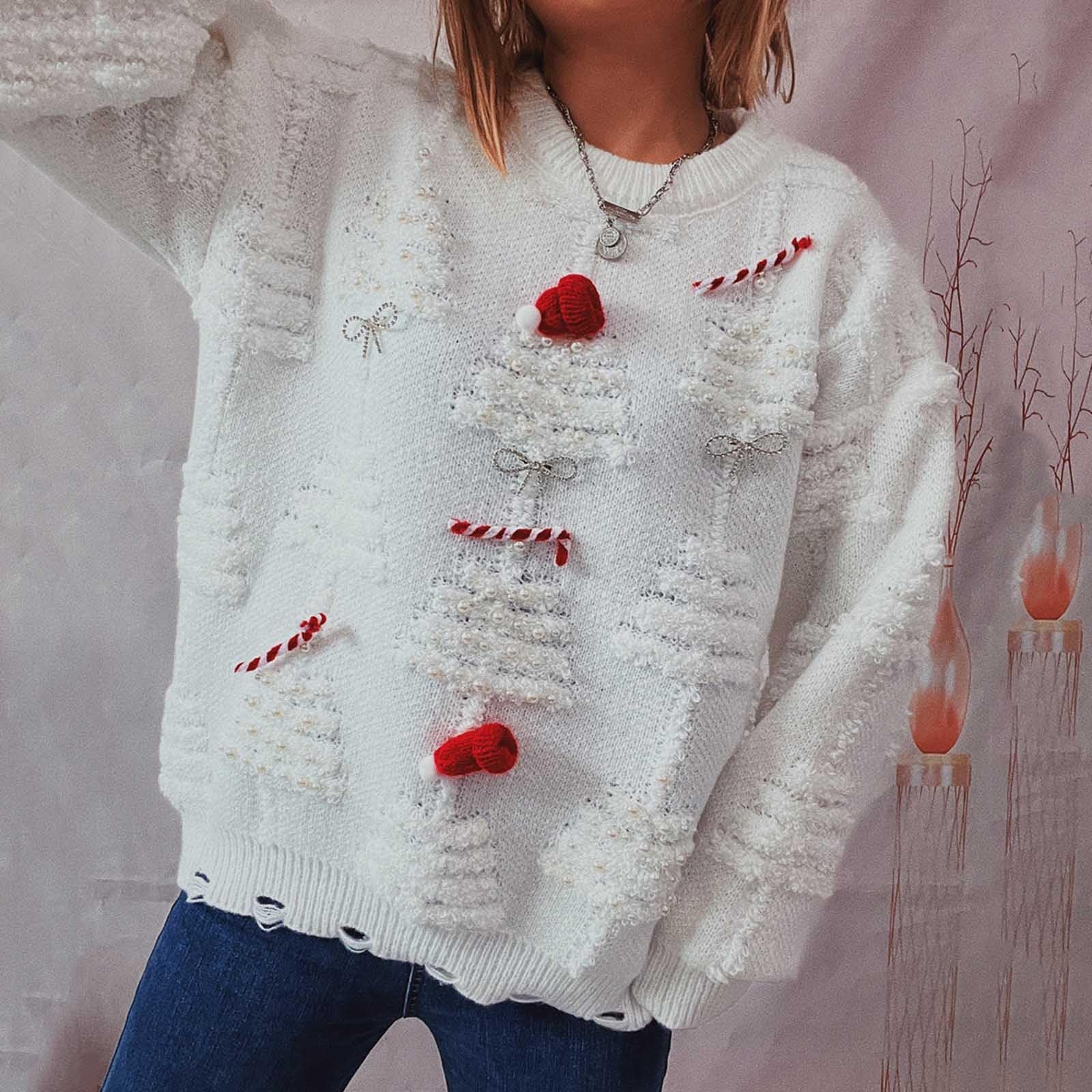 Maglione natalizio da donna a girocollo con spacco natalizio, lavorato a maglia, con motivo grafico albero di Natale, top eleganti ed eleganti, maglioni a tunica