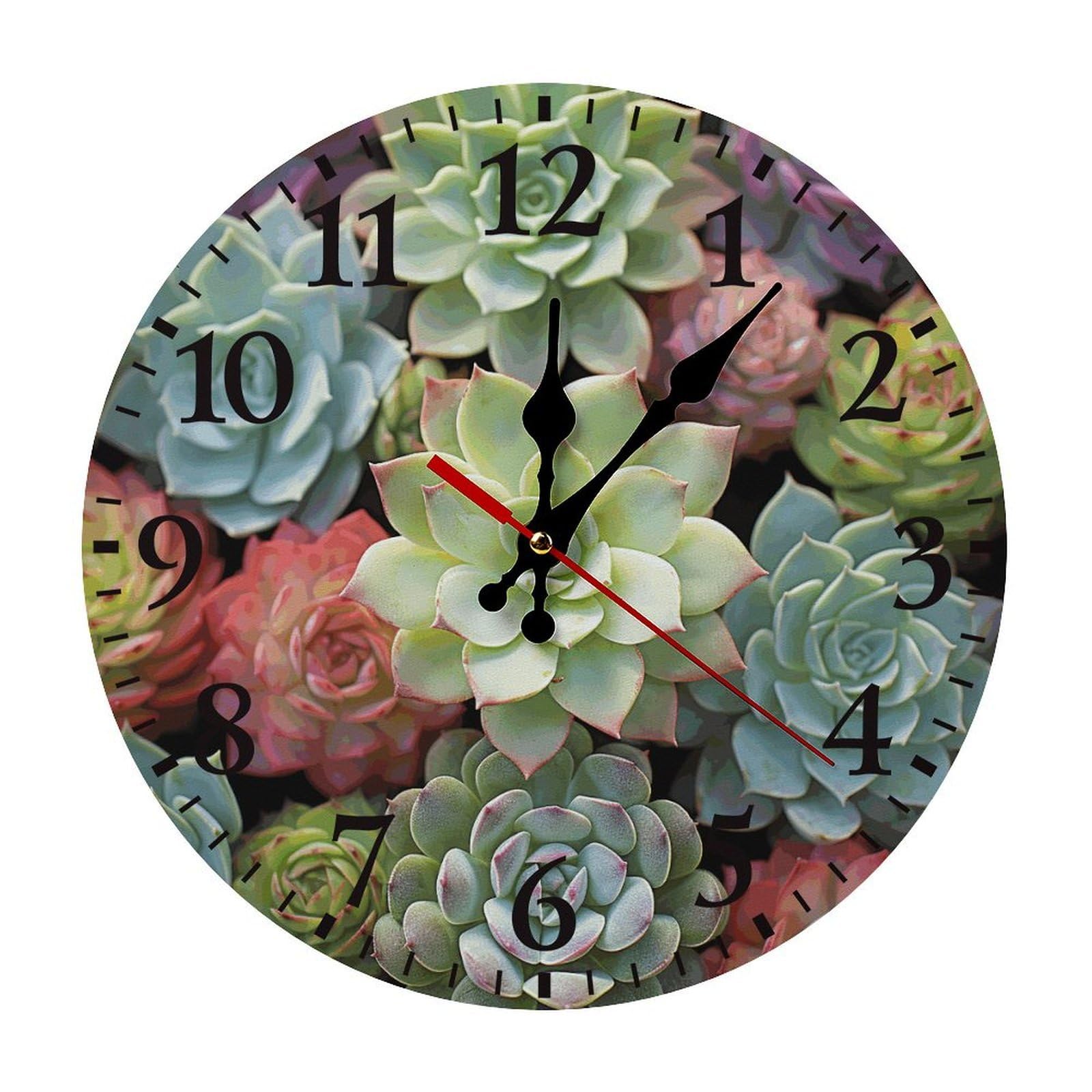 NTVOWPZO 10 Inch Wall Clock Cactus Succulents Battery Operated Wall Clocks Silent Non-Ticking Round Wall Clock for Living Room Kitchen Home Office Wall Decorative Clock