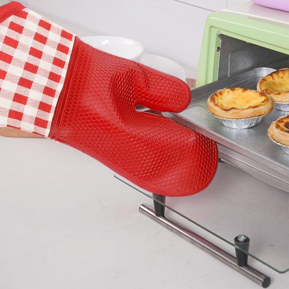 Silicone Oven Mitts | ASALON Waterproof Heat Resistant Kitchen Oven Gloves Non-Skid Cotton Liner for Extra Protection - Red