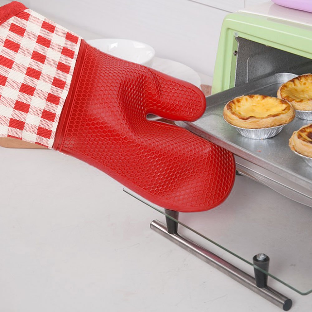 Silicone Oven Mitts | ASALON Waterproof Heat Resistant Kitchen Oven Gloves Non-Skid Cotton Liner for Extra Protection - Red