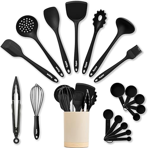 Juego de utensilios de cocina de silicona y soporte juego de utensilios de cocina, esenciales de cocina para el nuevo hogar y el primer apartamento,