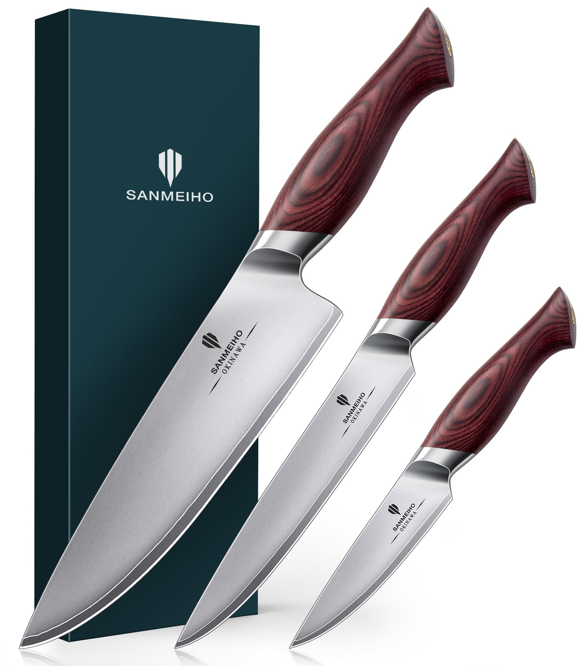 SANMEIHO OKINAWA Series 3-Piece Japanese Kitchen Knife Set Made of 10Cr15MoV Stainless Steel, Sharp Professional Chefs Knife Set with Ergonomic Wooden Handle, Chefs Knife, Utility Knife, Paring