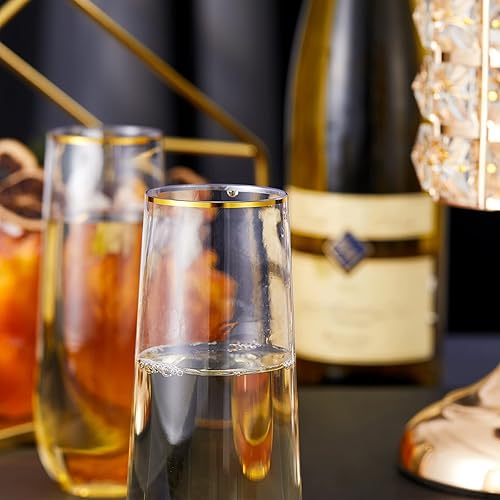 Miniatura 5 de N9R 24 copas de champán de plástico, vasos desechables de 9 onzas sin tallo con borde dorado, vasos de cóctel transparentes inastillables, ideales