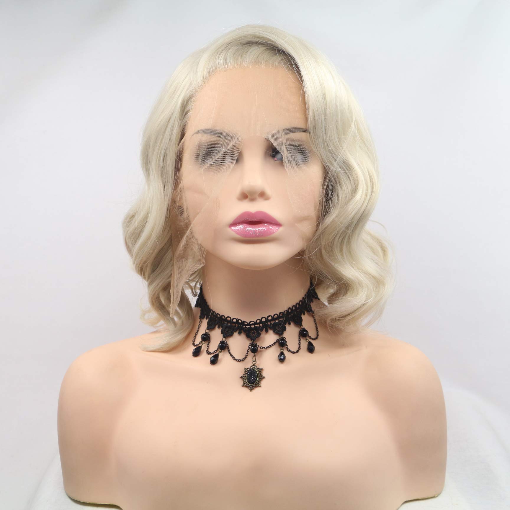 Xiweiya Short Mixed Blonde Curly Cosplay Lace Front Lace Wigs Synthetic Blonde Curly Heat Resistant Fiber Wigs Middle Parting Short Blonde Curly Wig for Women drag queen 14 inch… - Image 2