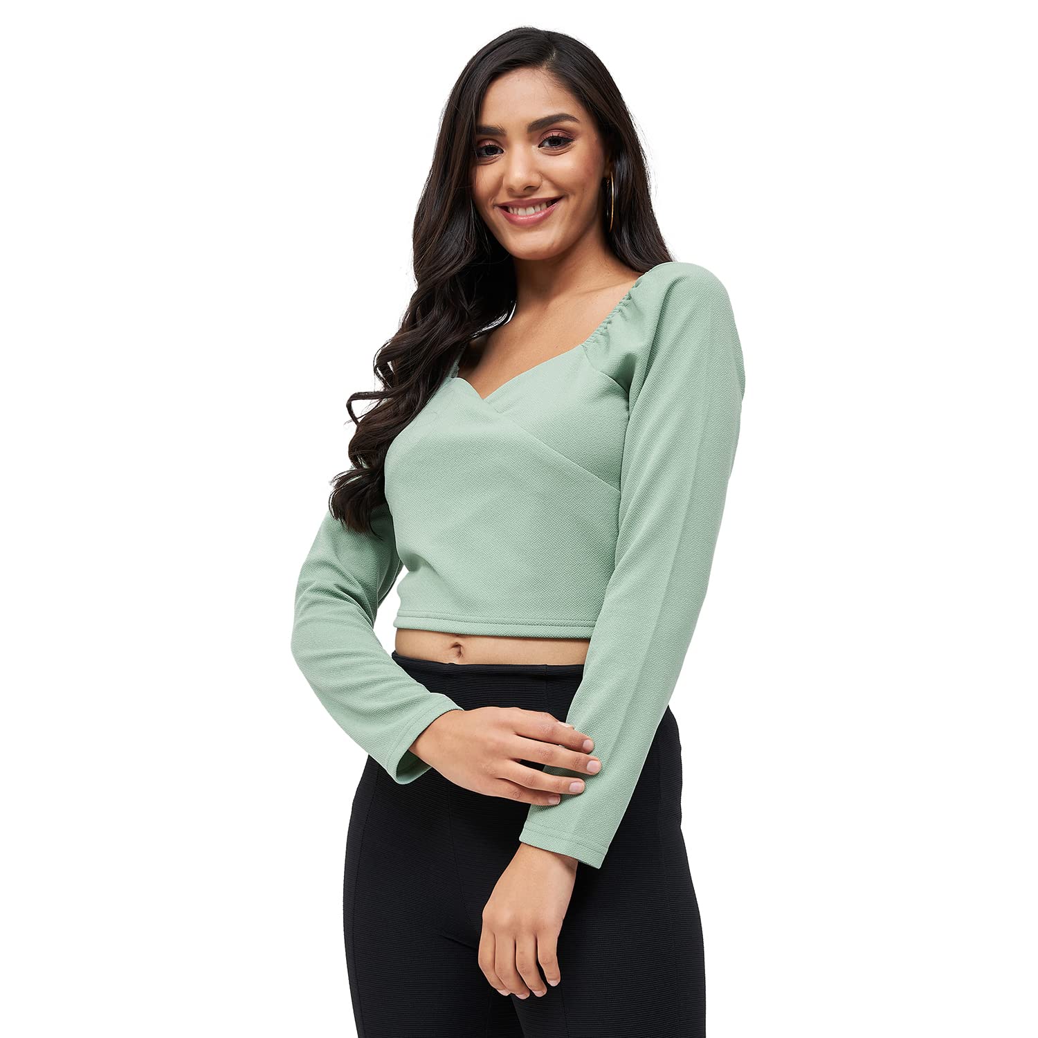 kibo Casual Women's Solid Polyester V Neck Top Light Green-picture-29