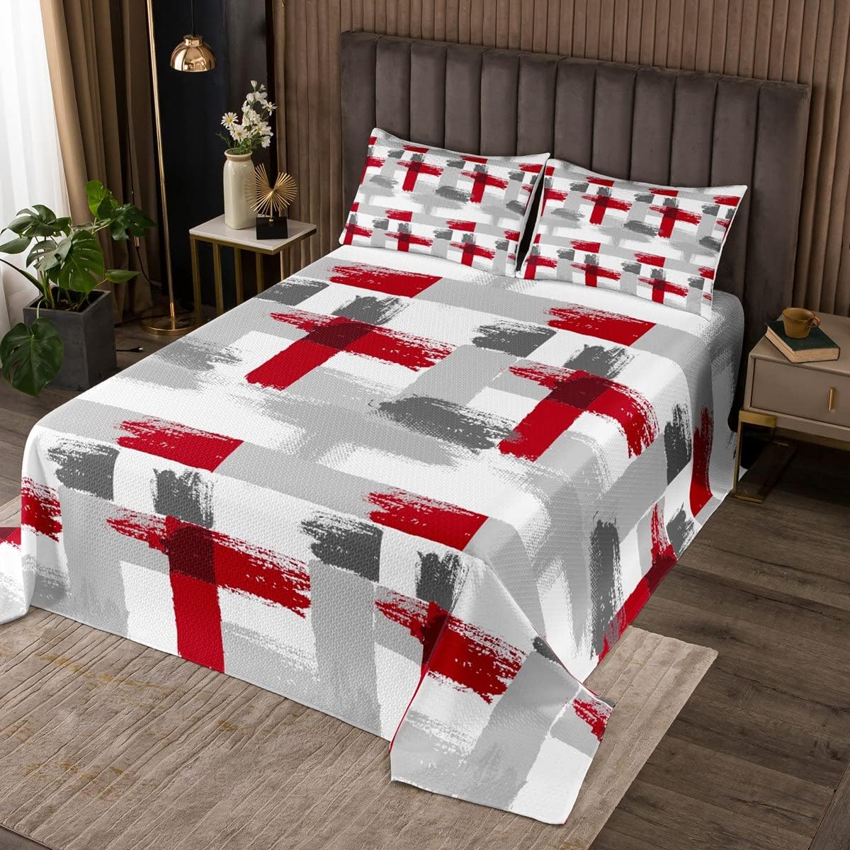 Red Grey White Stripes Bedspread Gradient Geometric Coverlet Modern Striped Art Quilt Set for Boys Girls Kids Teens Bedroom Decor Stripe Line Quilted Bedroom Collection Twin Size With 1 Pillow Case