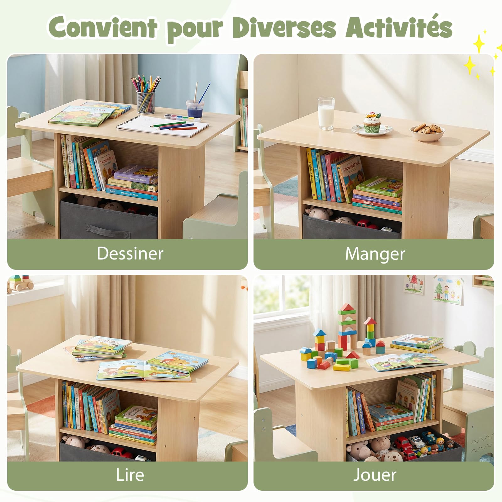 COSTWAY Table Enfant avec 2 Chaises en Bois, Bureau pour Dessiner Jouer, Charge 20/30kg, 3 Ans+