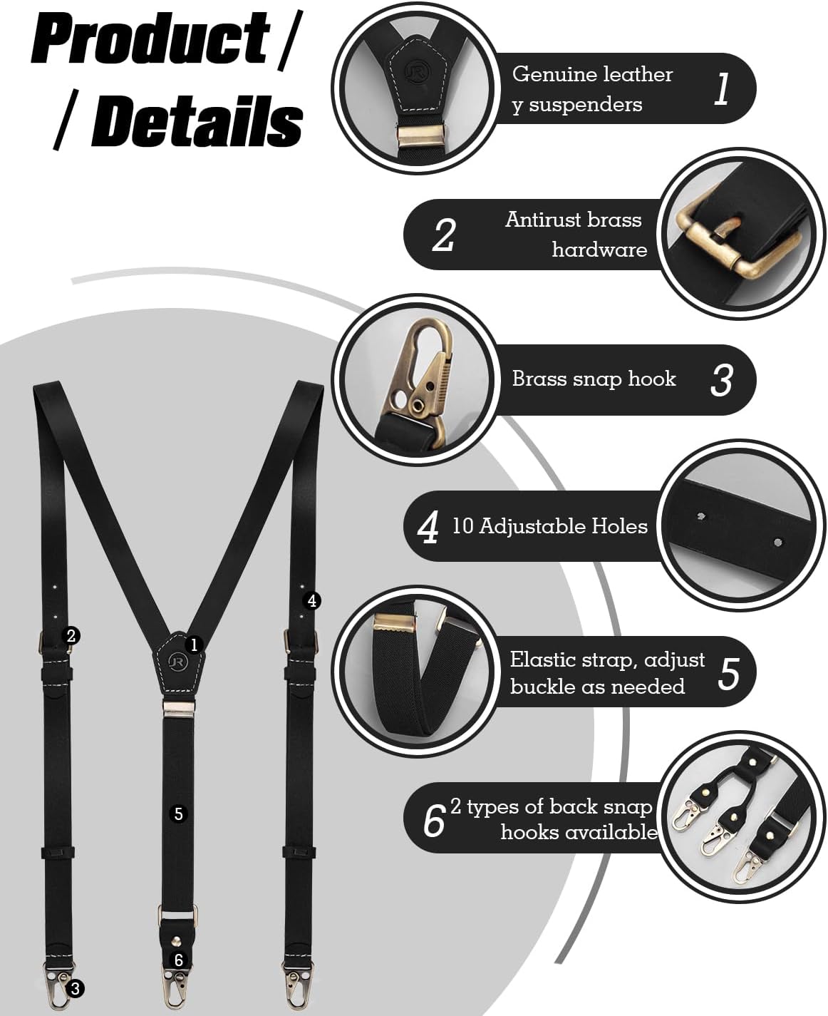JinRuiKJ Leather Suspenders for Men, Adjustable Elastic Y Back Men's Suspender, 2 Types of Back Metal Clips Available - Image 3