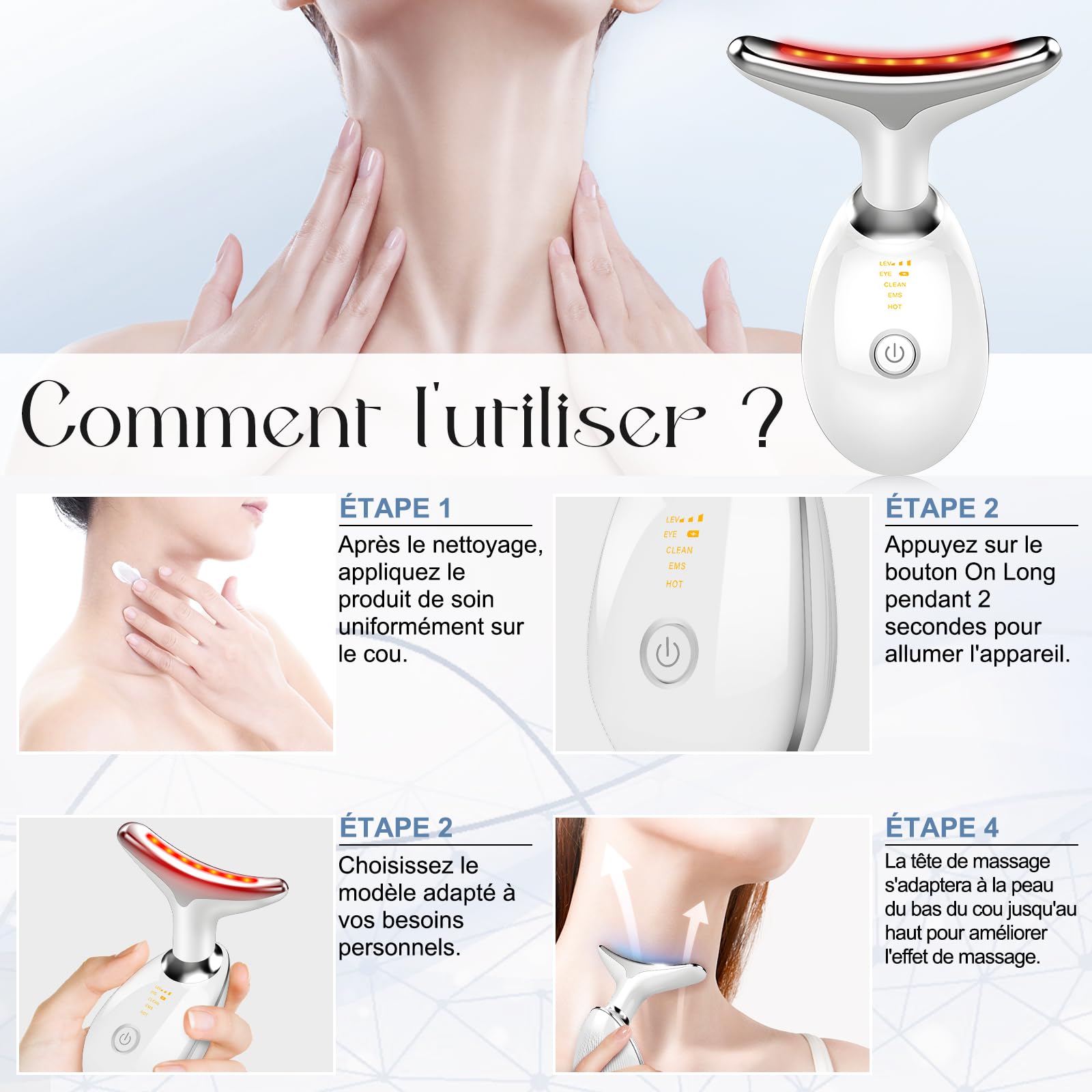 Appareil Anti Rides Visage, 3 Modes EMS Appareil de Gua Sha Visage, Appareil de Massage Visage 7 Couleurs, Chauffable 45°C Guasha Pour Visage Instrument, Double Menton Raffermissant et Liftant