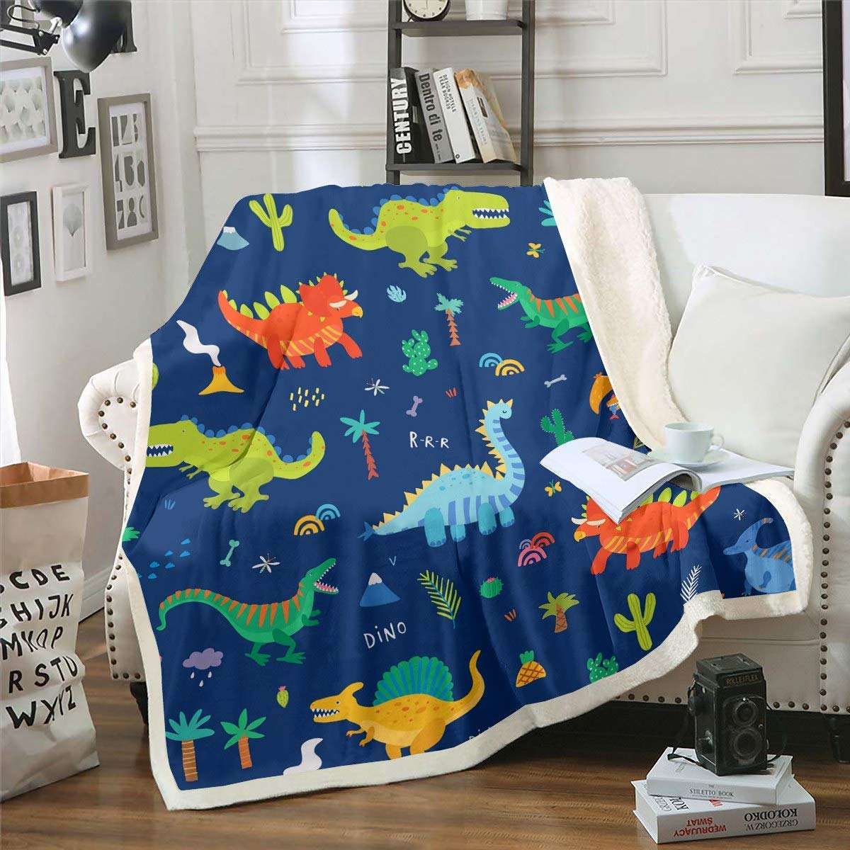 Kids Dinosaur Sherpa Blanket Cartoon Dinosaur Printed Fleece Throw Blanket  for Child Boys Girls Cute Animal Pattern Children for Sofa Bed Couch Single