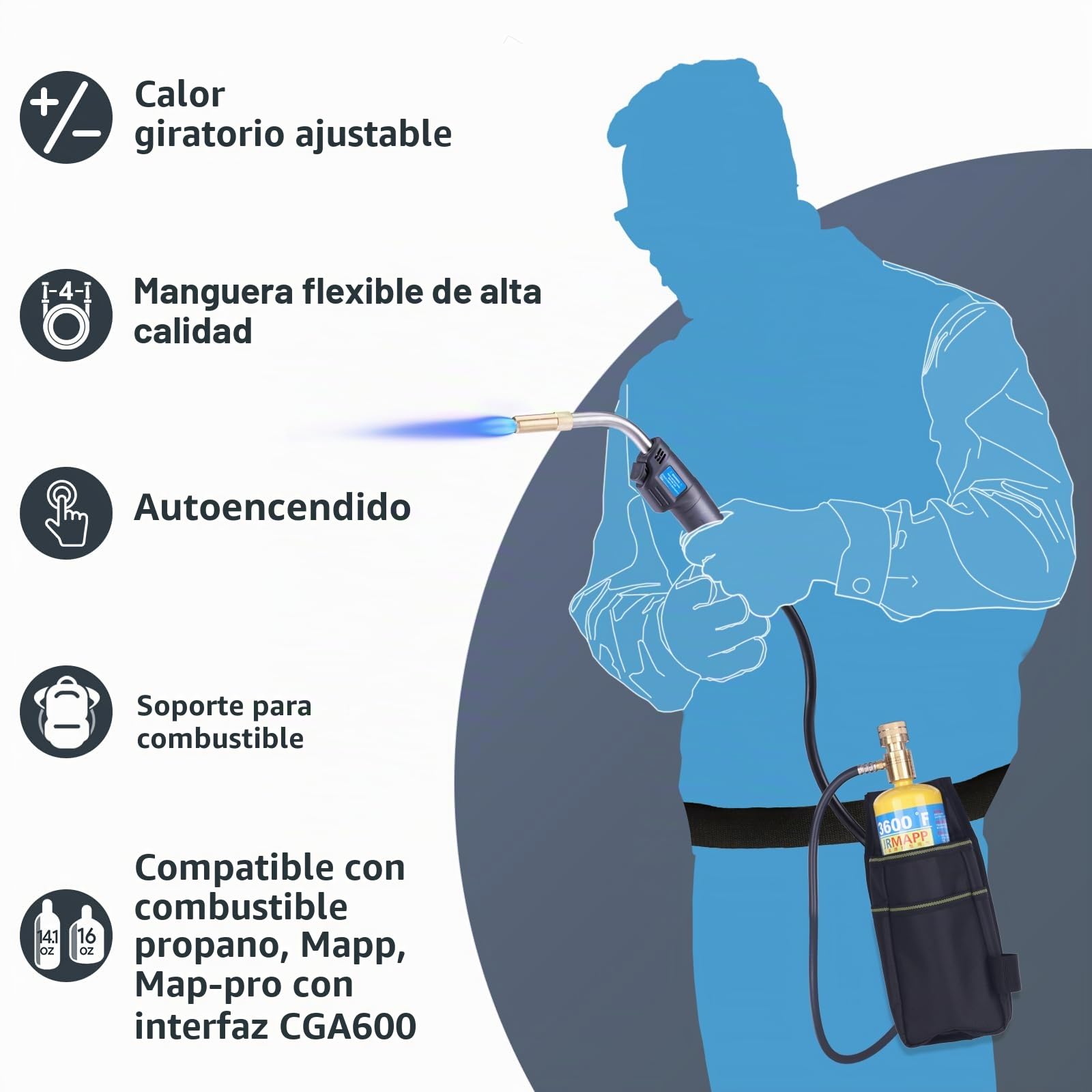 MAPP - Kit de antorcha de gas con funda, perilla de ajuste, gatillo, manguera de propano para soldadura, soldadura, fontanería, HVAC