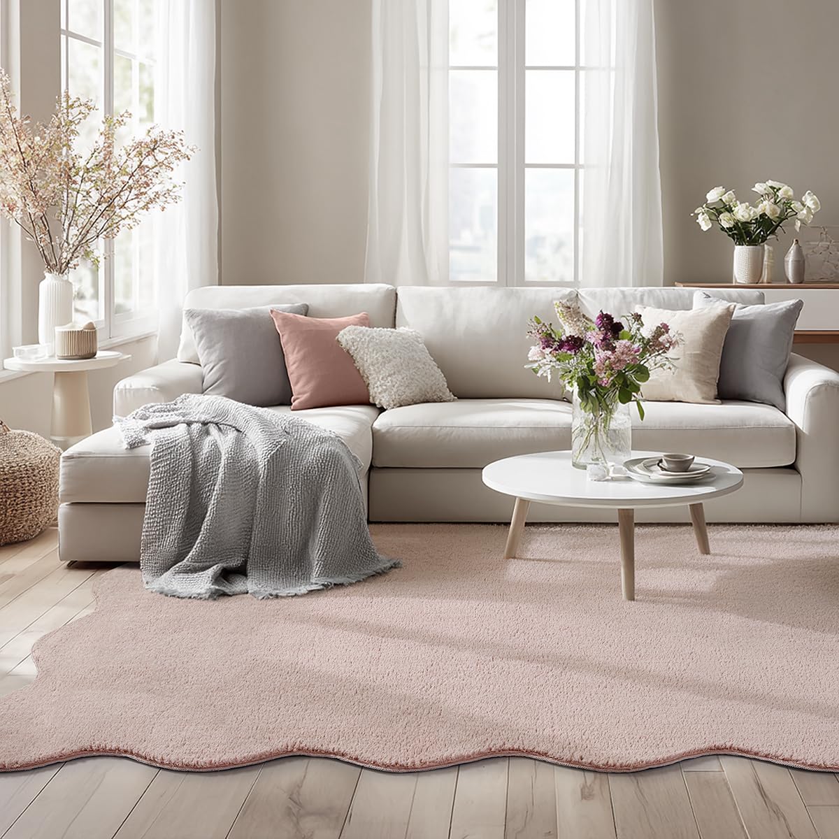 the carpet Lina Shape Scallop Tappeto, pelliccia sintetica, tappeto morbido, retro antiscivolo, lavabile, super soffice, Rosa, 160 x 220 cm