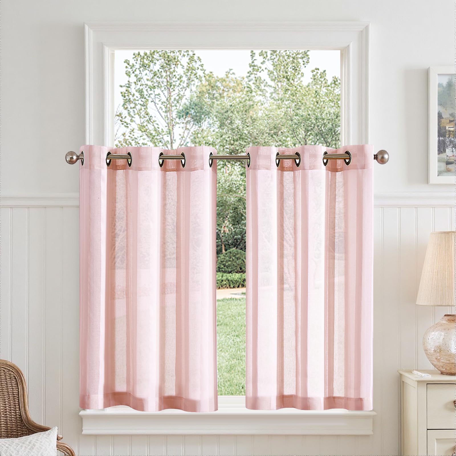 TOPICK Doorschijnende netgordijnen met trekkoord, transparante bistrogadine, landhuis strepen, voile keukengordijn, gestreepte keukengordijnen, paar voor badkamer, klein raam, 90 x 60 cm (b x h