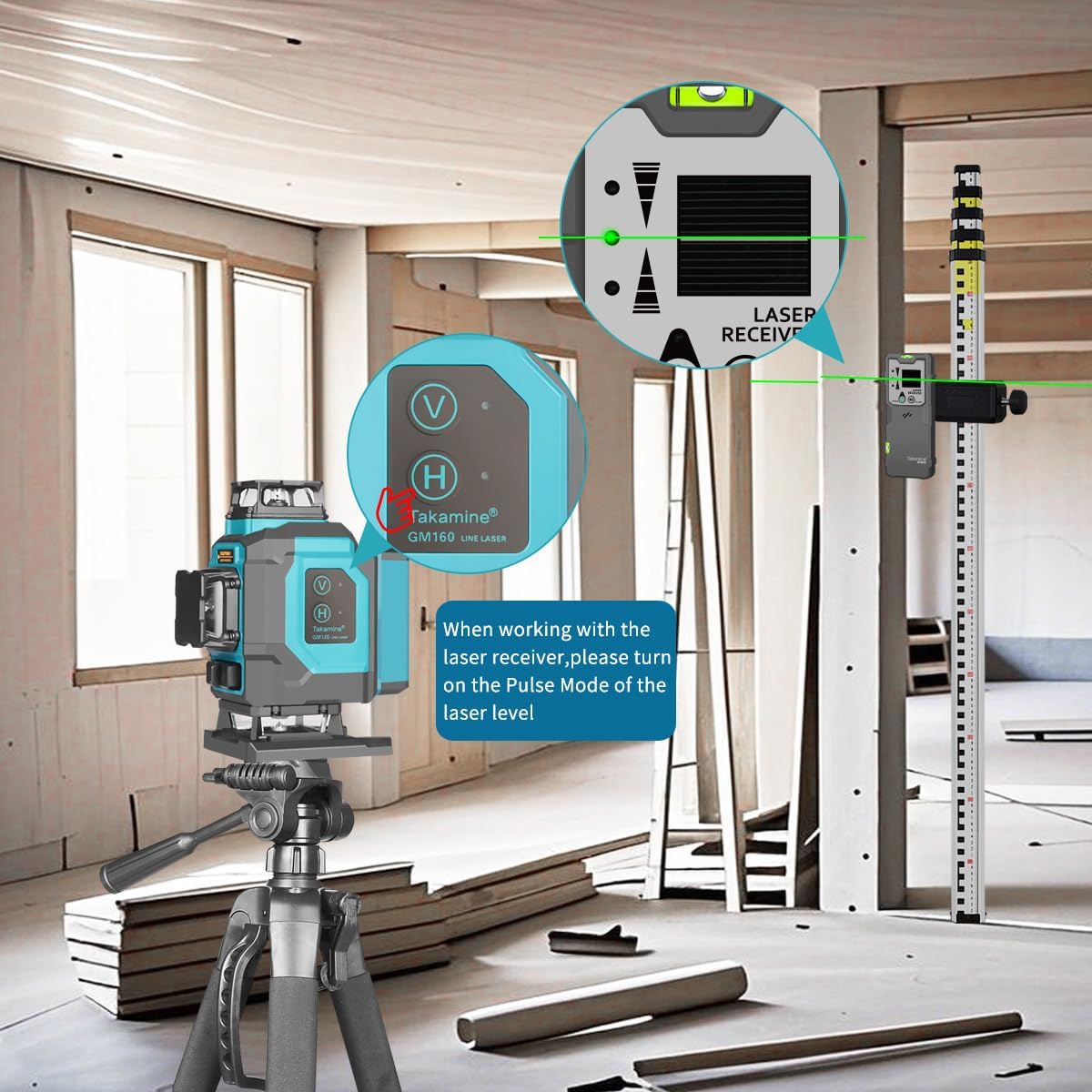 Takamine Laser Level Receiver, 147ft Working Range, Red & Green Pulse Beam Line Laser Detector, Dual-Sided Smart LED Indicator with Level Bubble, Adjustable Speaker, Includes Clamp