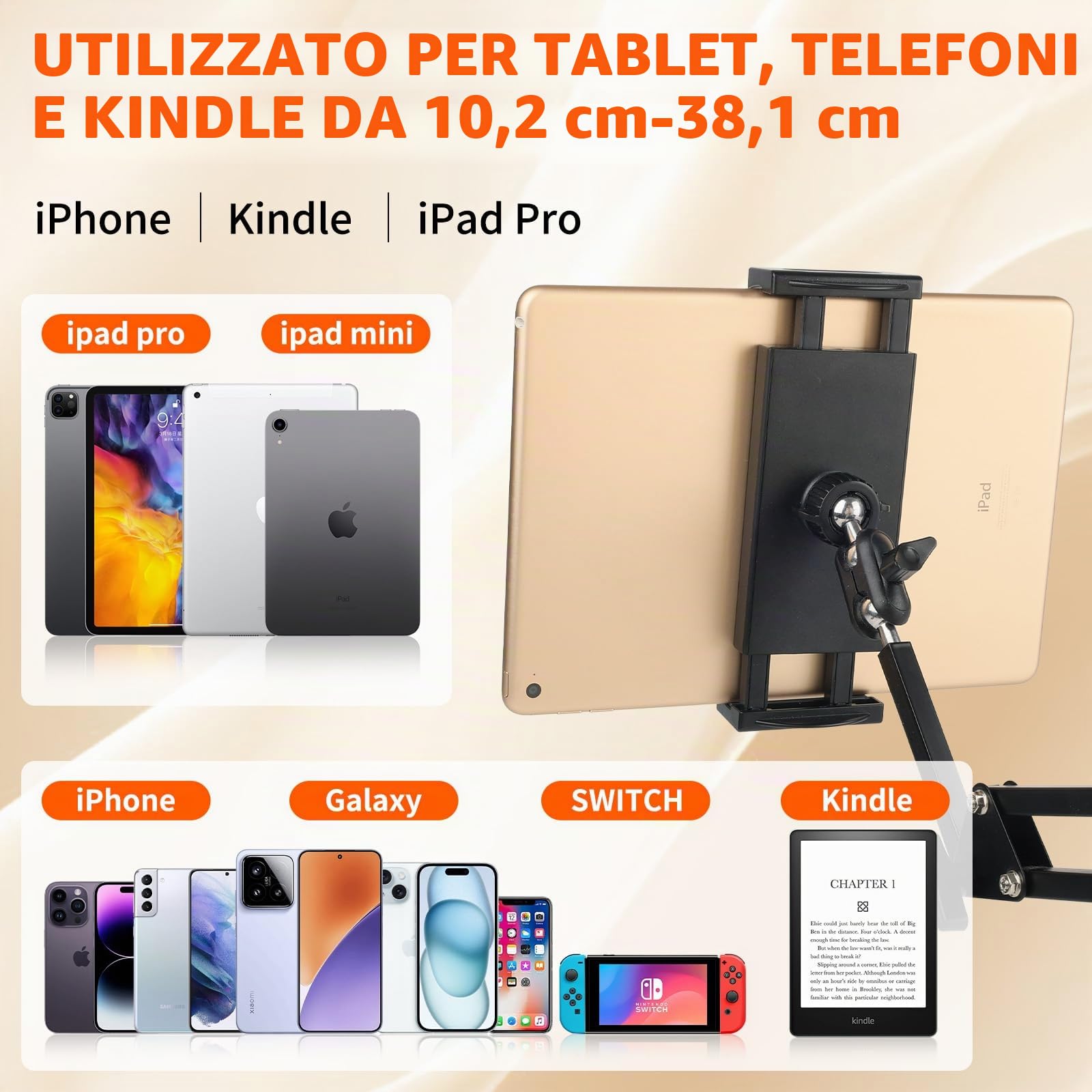 Supporto per tablet a mano libera per letto con braccio lungo regolabile – pieghevole in metallo per Kindle, tablet, iPad e telefono cellulare, design nascosto, nessun danno ai mobili, ideale per
