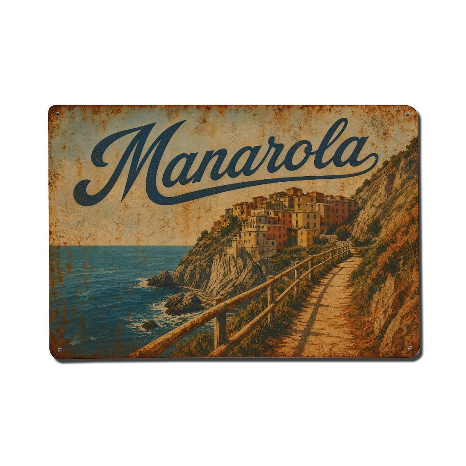 Vintage Travel Manarola Coastal Trail Scenic Route Italy Metal Tin Sign