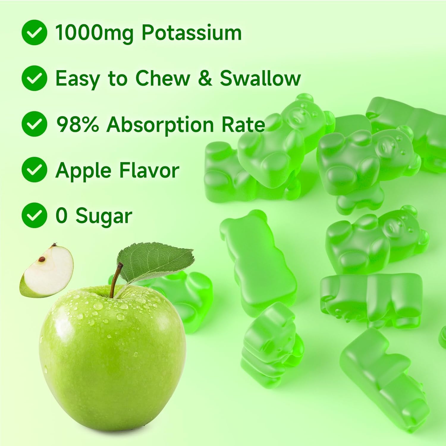 Potassium Gummies 1000mg for Adults & Kids, High Dose Potassium Gluconate Supplement Potassium Gluconate Gummies Support Muscle Cramps Electrolyte Balance, Apple Flavor 120 Count - Image 4