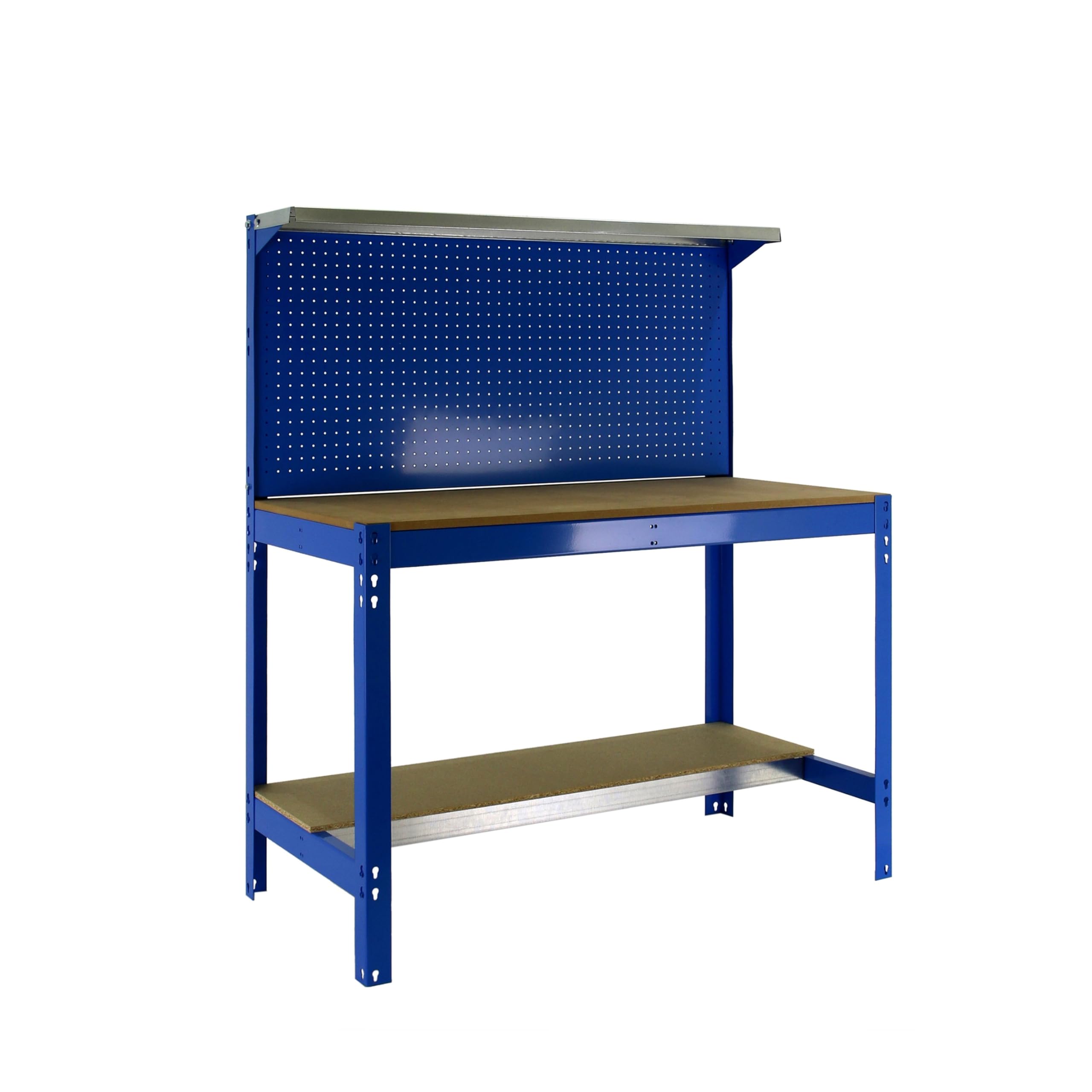 SimonRack Etabli d’Atelier, Capacité de Charge 600 kg, 1445x1210x610 mm, Panneau Perforé avec 1 Étagère, Table de Travail Bricolage, Bleu/Bois - BT3